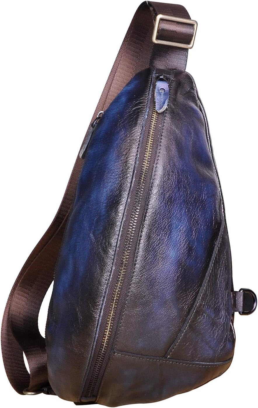 Le'aokuu Men Outdoor Travel Climbing Triangle Chest Sling Bag Rig One Shoulder Strap Bag Backpack Men Genuine Leather 5059 (blue)