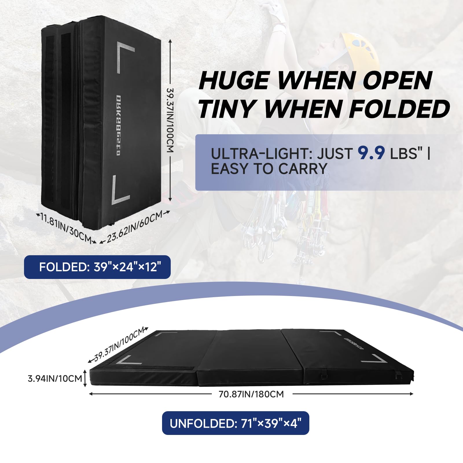 DRKSBESTO Tri-Fold Rock Climbing Crash Pad w/Adjustable Backpack Straps – Supplemental Bouldering Crash Pad – Durable Climbing Crash Pad, Lightweight & Portable – Folded Size 39