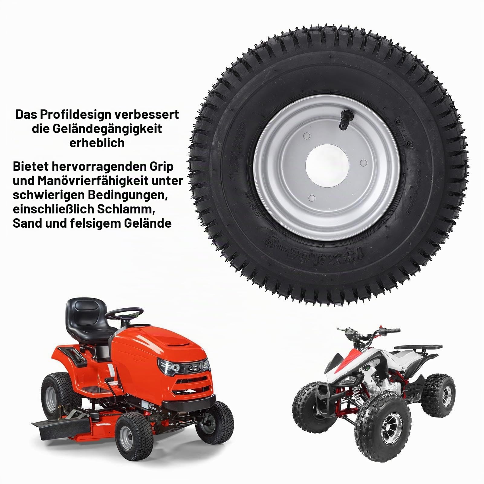 Alle Terrain-Reifen 13x5.00-6, Passende Felge, Vakuumreifen mit Aluminiumlegierung, Anti-Slip, Punktionsschutz, 6 Zoll, Außerhalb der Straße für ATV Quad Cart Mini Bike