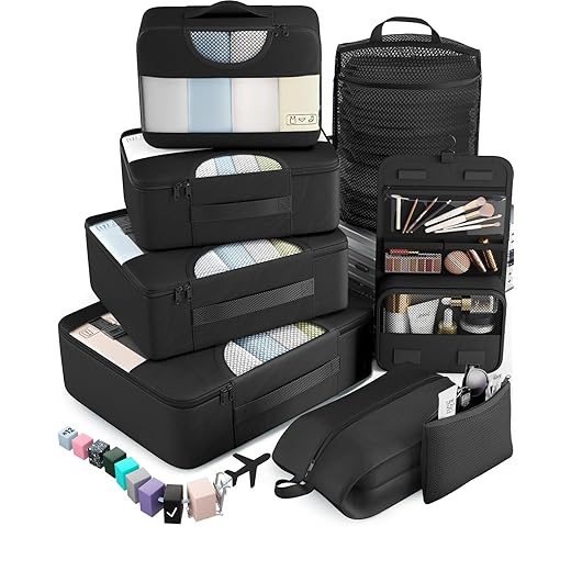 Veken 8 Set Packing Cubes for Suitcases, Travel Essentials for Carry on, Luggage Organizer Bags Set for Travel Accessories in 4 Sizes (Extra Large, Large, Medium, Small), Black