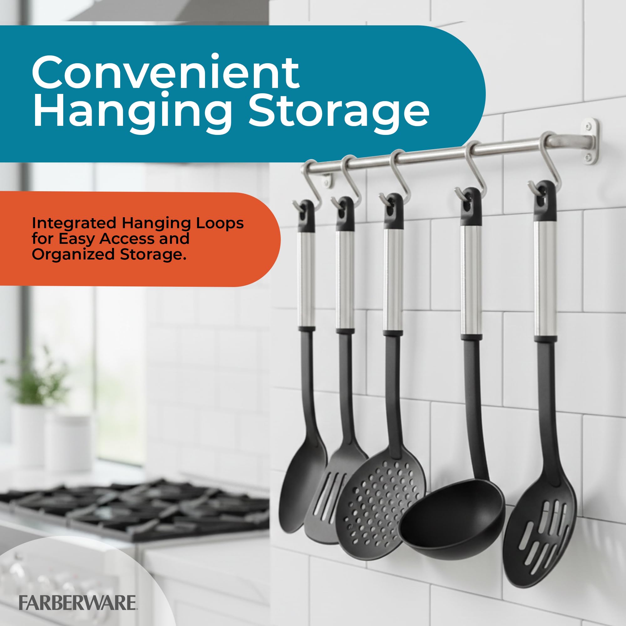 Farberware Set di utensili da cucina classico, 5 pezzi in acciaio inox con manici in nylon per pentole antiaderenti, gadget da cucina con passanti per appenderli, lavabili in lavastoviglie utili