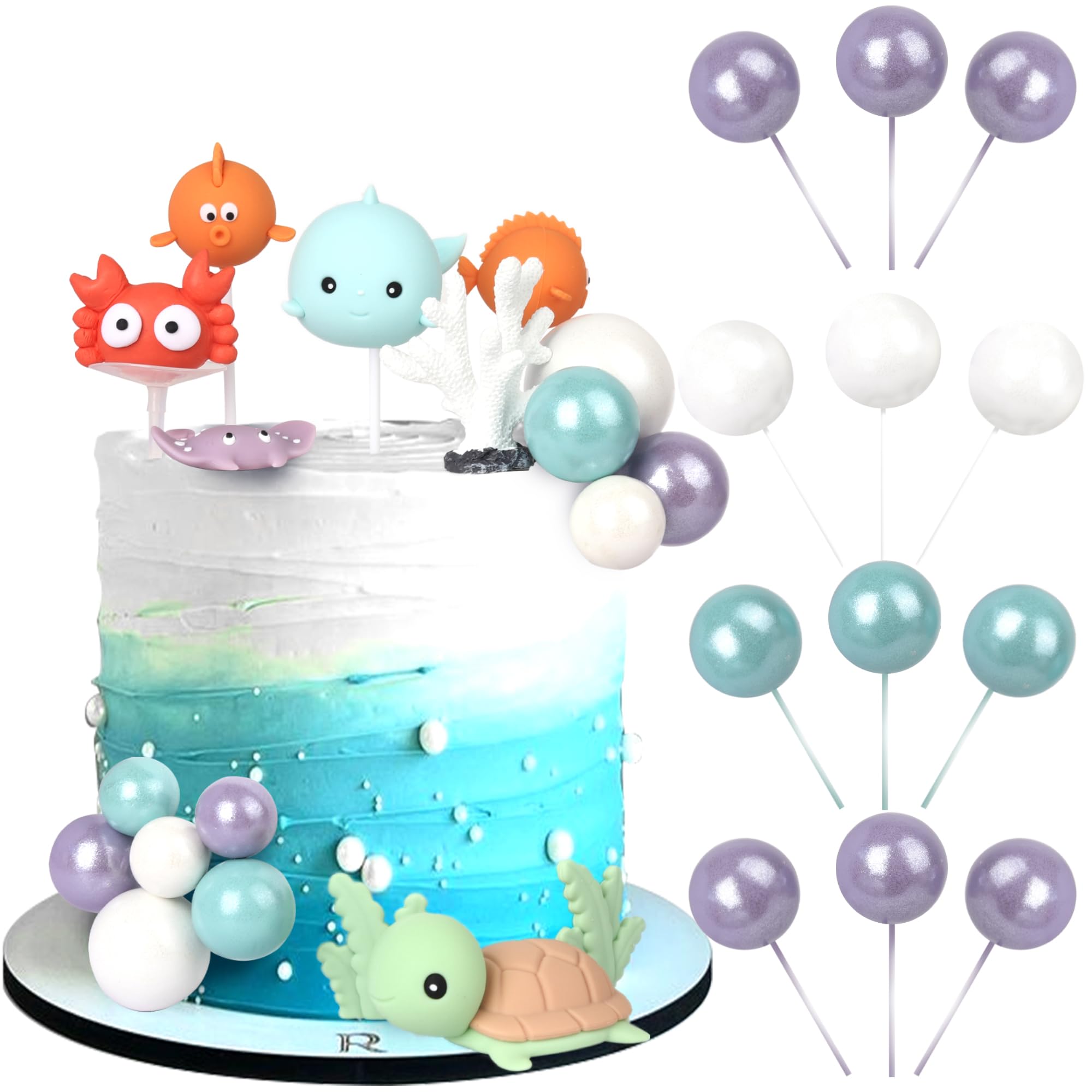 Photo 1 of 19 PCS Ocean Sea Animal Cake Toppers Mini Balloon Foam Balls Under The Sea Animal Cake Decorations Crab Whale Goldfish Devil Ray Seaweed Coral Cupcake Picks for Baby Shower Birthday Party Supplies