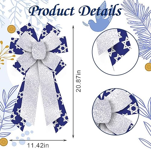 Miniatura 7 de Lazos grandes de Hanukkah para corona, estrella de David con purpurina azul, lazos de estrella para puerta delantera, adornos de Navidad judíos,