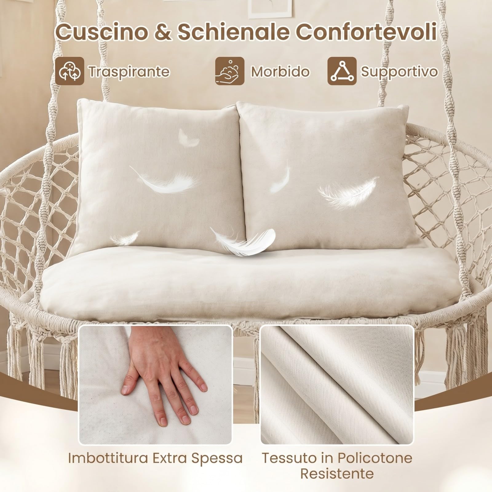 COSTWAY Sedia a Dondolo da Esterno ed Interno, Poltrona Sospesa Intrecciata a 2 Posti con Nappine in Stile Boho, 3 Morbidi Cuscini, Corde e Anelli, Portata 250 kg, per Balcone, Soggiorno e Giardino