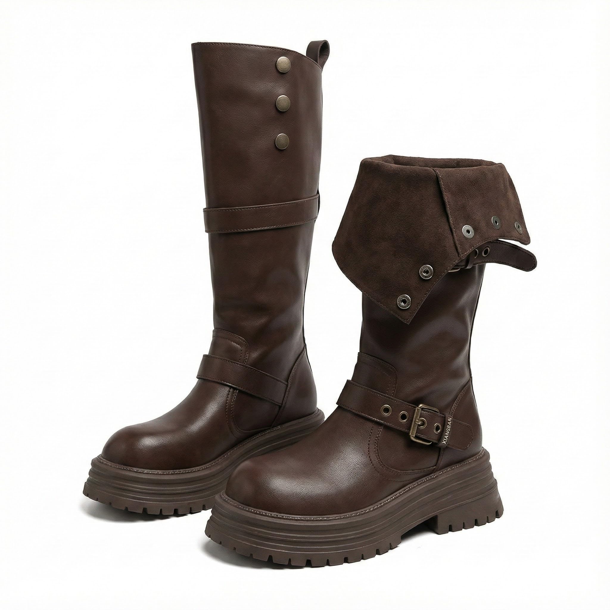 Womens Fashion Chunky Platform Mid Calf Boots Combat Boots Slip On Casual Round Toe Motorcycle Booties