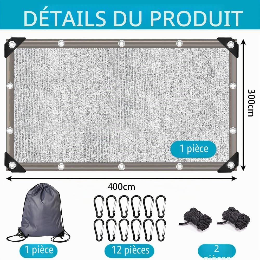 Filet d'ombrage pour voiture et chien 3x4 m, filet de protection solaire pour voiture, filet d'ombrage en aluminium, toile réfléchissante pour camping, filet d'ombrage en aluminium avec œillets 80% UV