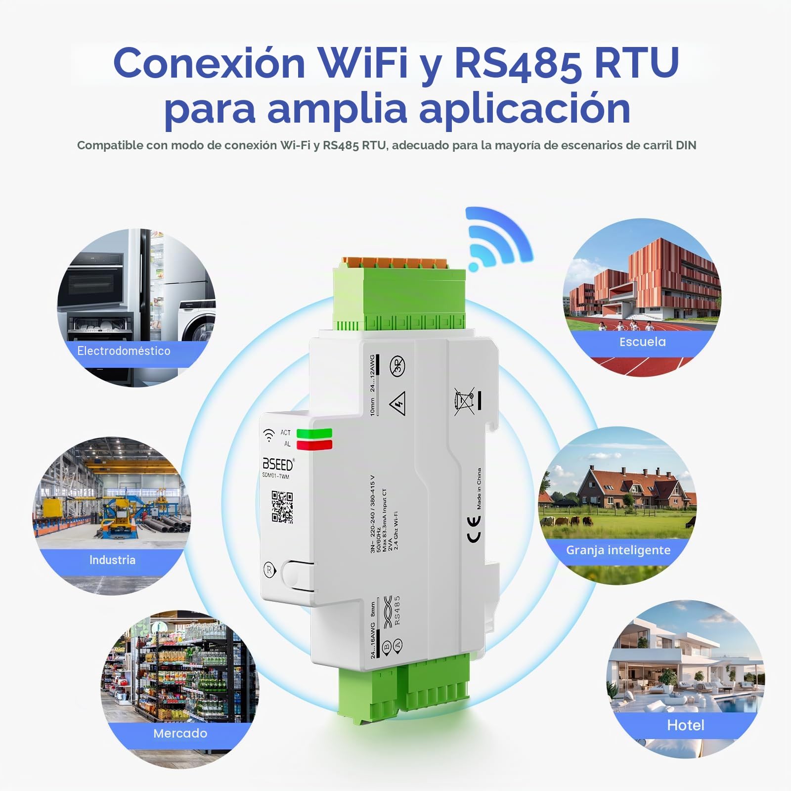 BSEED Medidor de electricidad inteligente trifásico, 120 A, con wifi para carril DIN, medición de consumo, Modbus RS485 RTU, control remoto por app, almacenamiento de datos y monitorización solar
