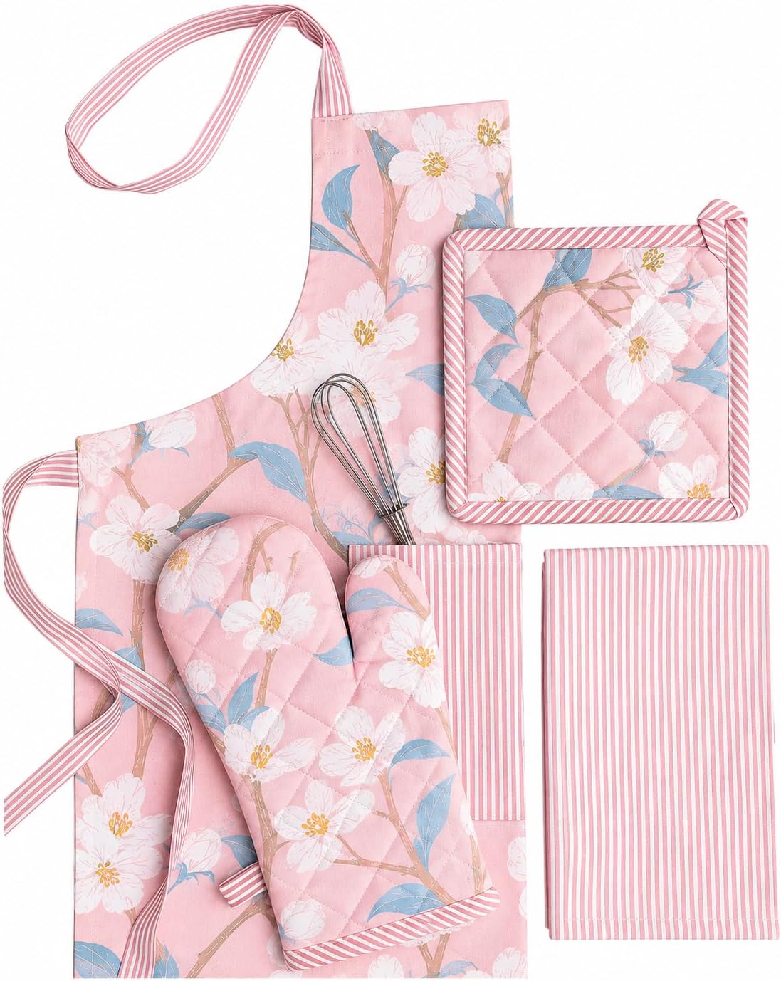 Apron with Oven Mitt and Pot Holder with Kitchen Towel (Pink Blossom), 60cmx85cm