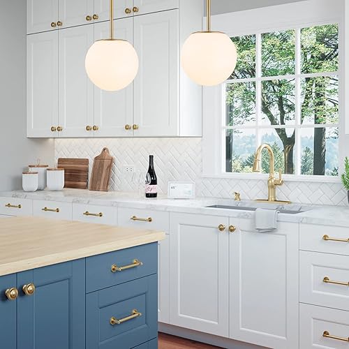 Miniatura 7 de Lámpara colgante moderna de cristal de ópalo de mediados de siglo, acabado dorado, iluminación colgante de vidrio de 2 luces para cocina, isla,