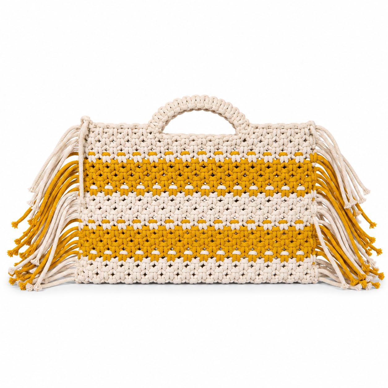 Handmade Macrame Clutch Bag for Women & Girls | Cotton Handheld Purse with Fringe & Magnetic Closure | Boho Handbag | Mustard Yellow & Off White-image-40