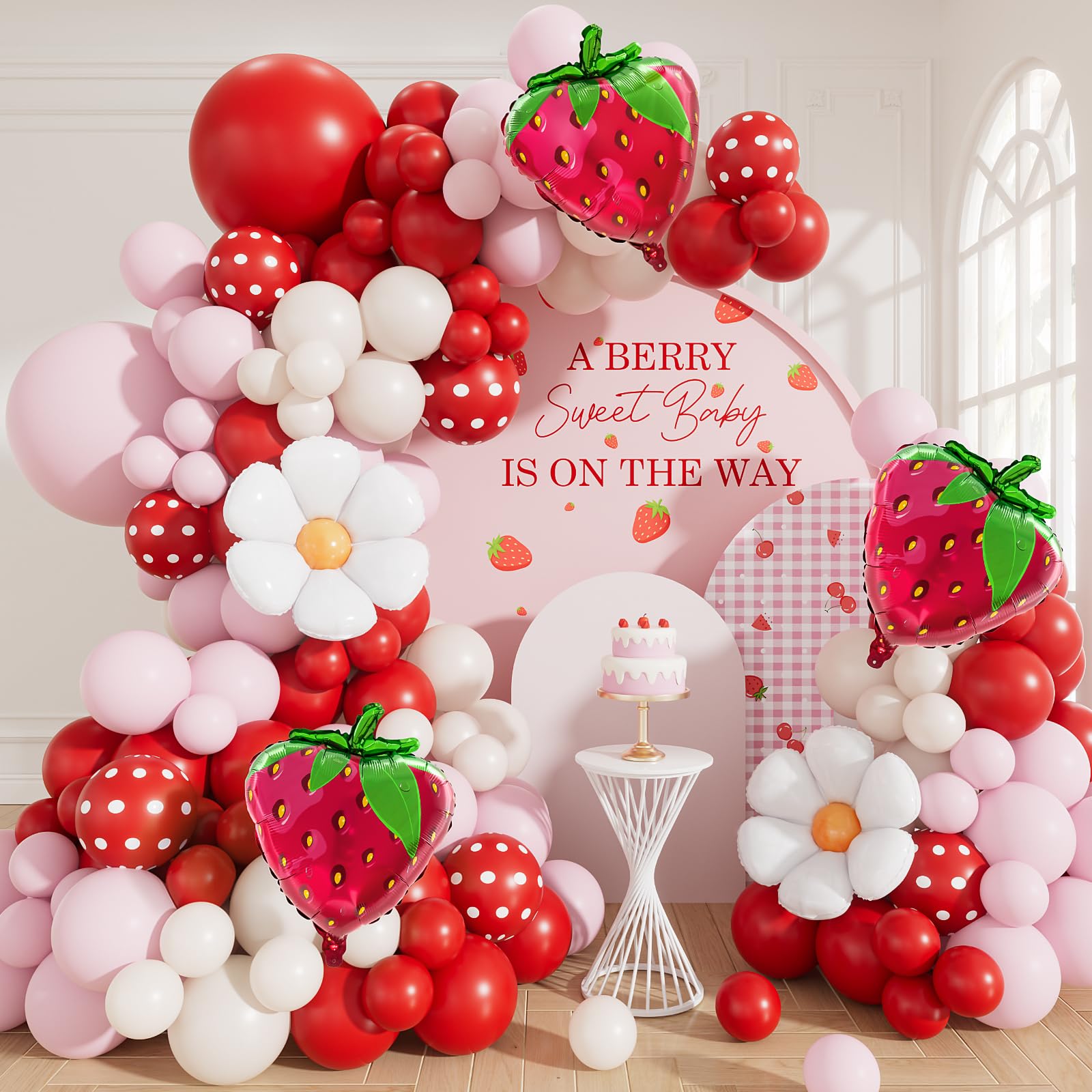 Adeyoo Strawberry Balloon Arch Kit Garland - Pink and Red Balloons Arch with Daisy Strawberry Foil Balloons for Sweet One Berry First Birthday Baby Shower Shortcake Themed Party Decorations