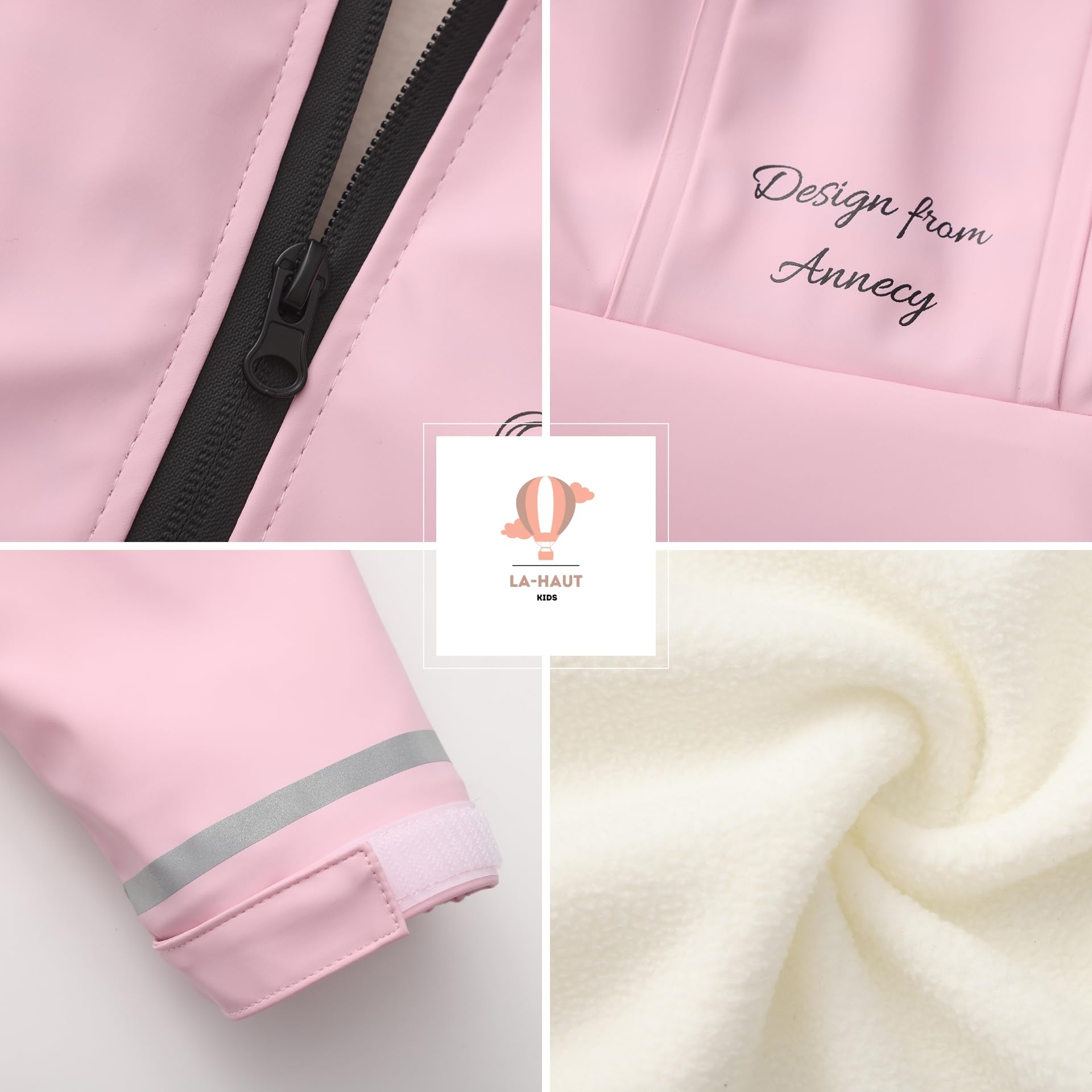 Ciré Imperméable 2 à 5 ans intérieur polaire fleece unisexe fille garçon avec Doublure Rayée sur capuche, Fermeture Éclair waterproof, Matière PU recyclable et minimisée de pollution