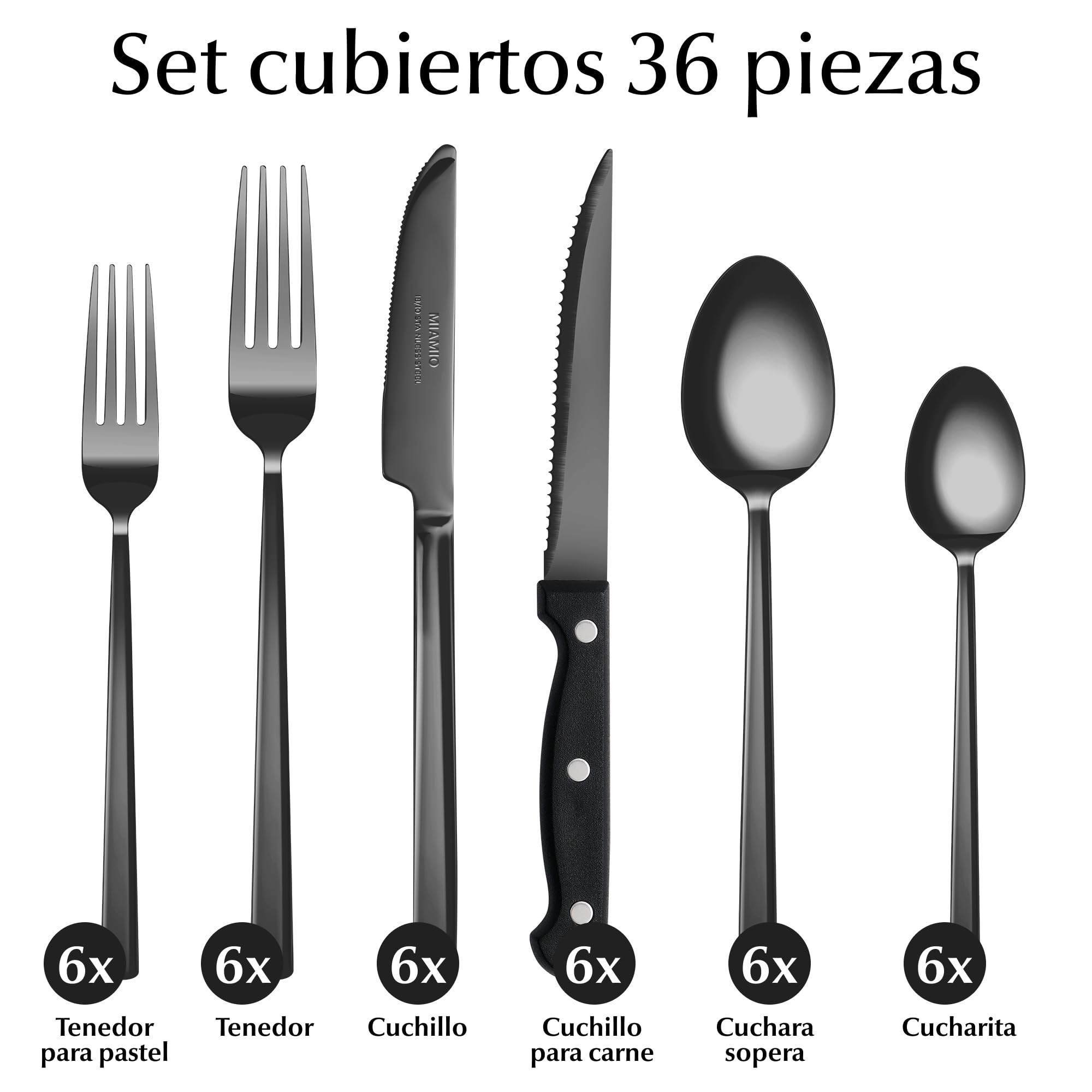 MIAMIO – Juego de Cubiertos de Acero Inoxidable para 6 Personas/Set de 36 Piezas – Incluye Cuchillos, Tenedores, Cucharas – Apto para Lavavajillas (Negro, Juego de 36)