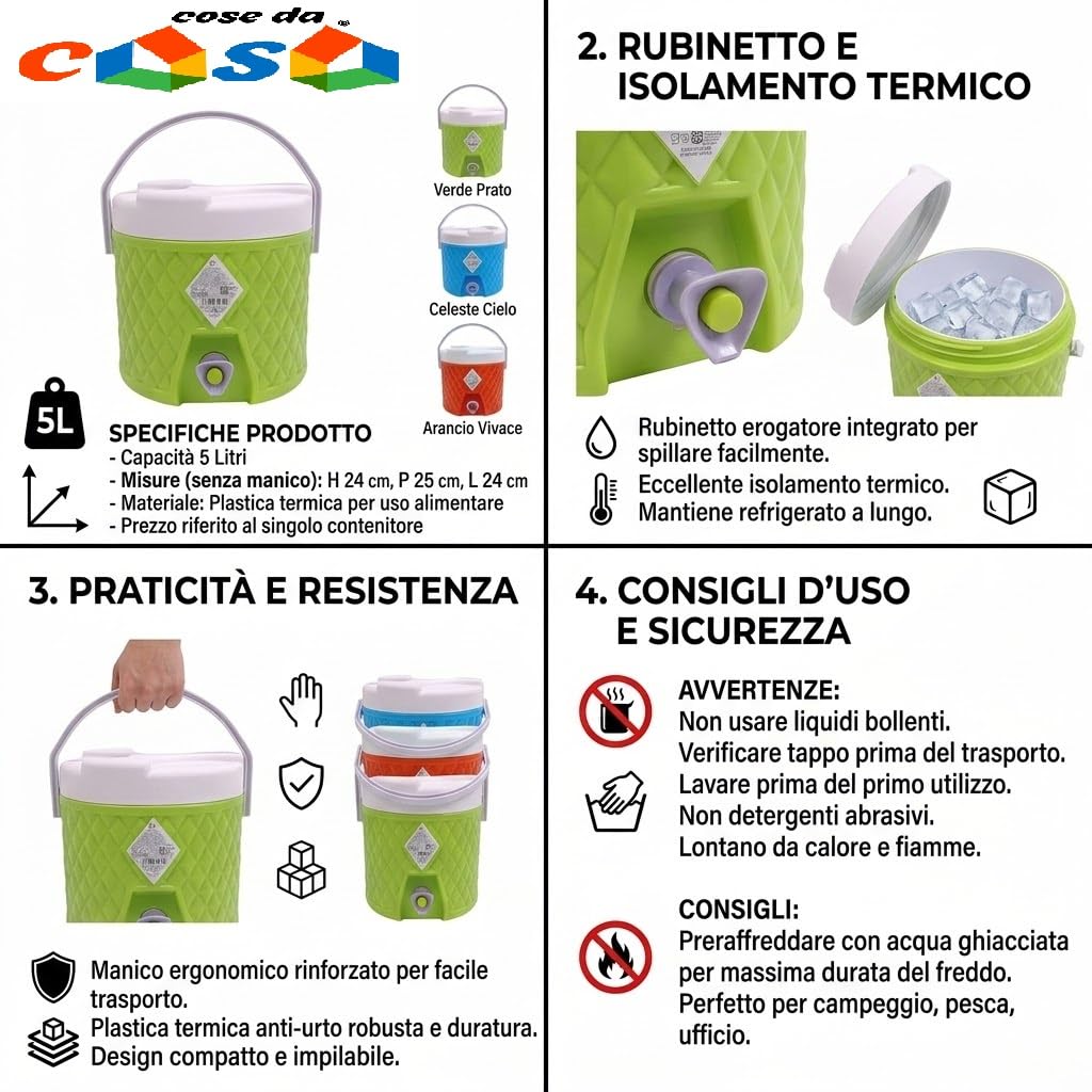 The-rmos Contenitore Termico 5 Litri per Liquidi Acqua Vino Bevande con Rubinetto Erogatore Manico borraccia Frigo Portatile Refrigerante Plastica Verde Celeste Arancio (arancio)