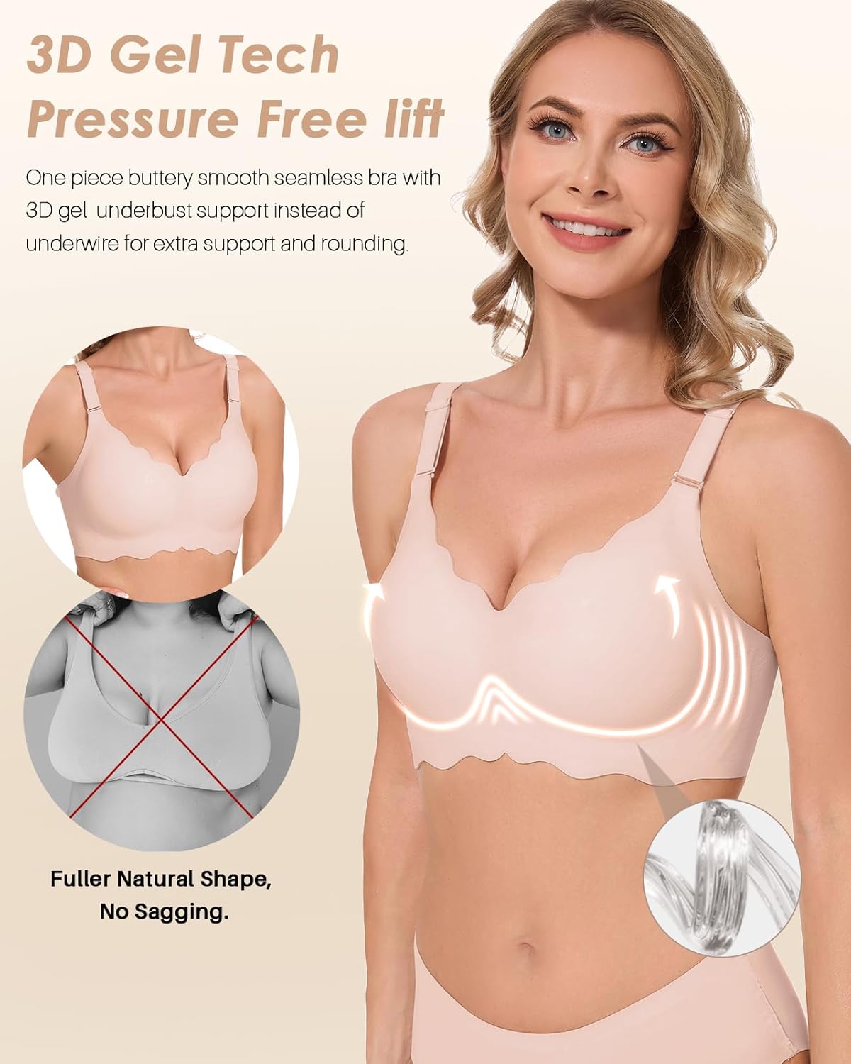 Comfortable Wirelss Seamless Padded Push Up Support Bra No Underwire Scalloped Neck Full Coverage Back Smoothing Bra - Image 2