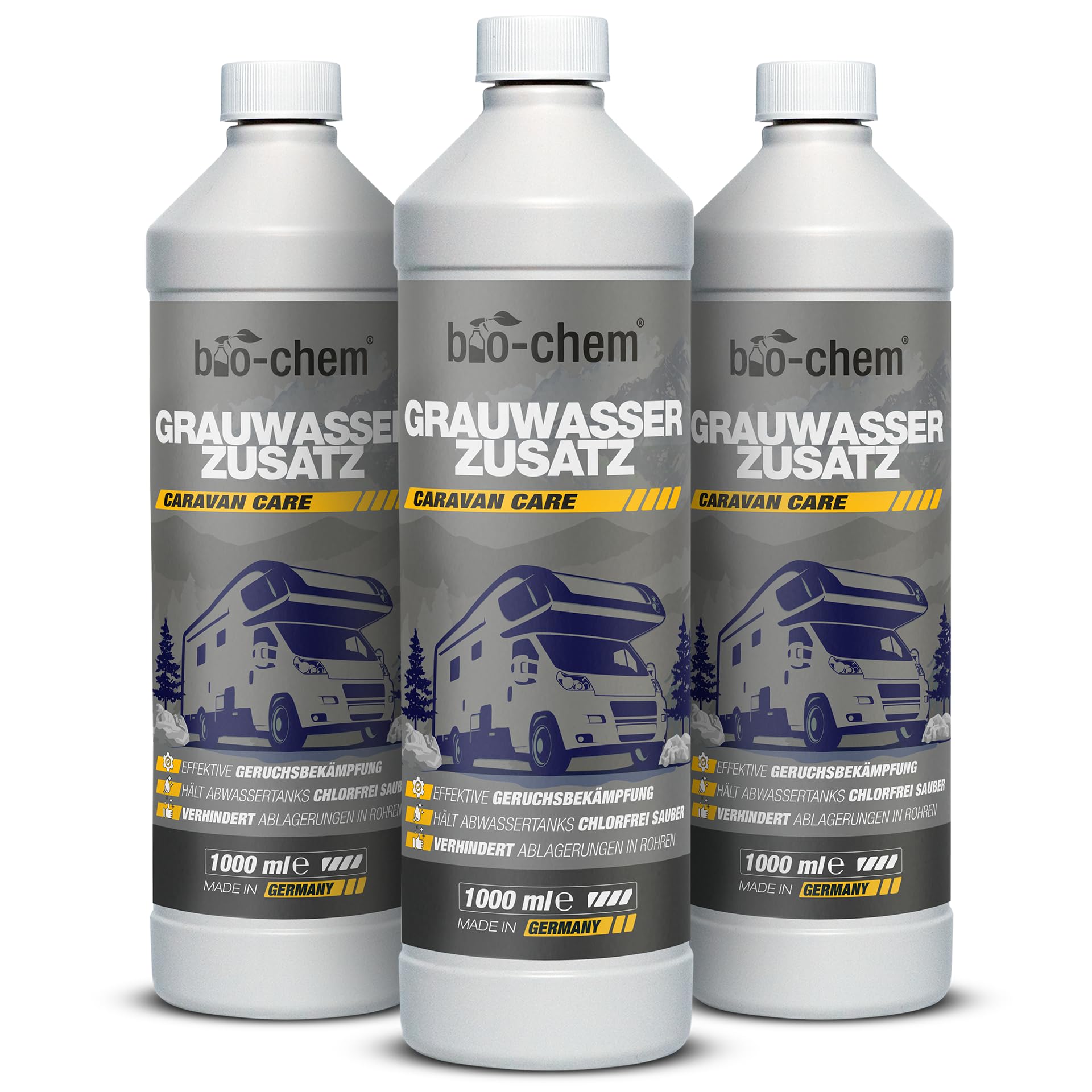 bio-chem Grauwassertank-Zusatz - 3X 1000 ml Konzentrat - Tank-Reiniger für Schmutzwasser-, Grauwasser- und Abwasser-Tank von Wohnmobil, Wohnwagen - Made in DE