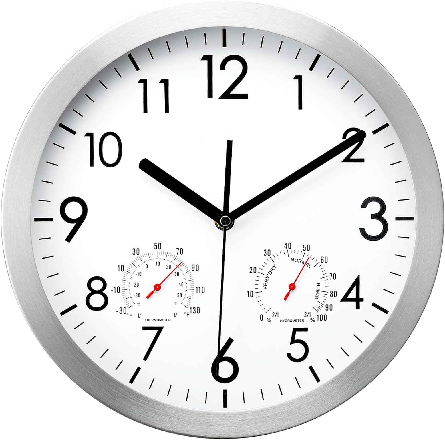 WOOPHEN Wall Clock with Metal Frame and Temperature/Humidity (12 Inch) | Battery Operated Non Ticking Silent Wall Clocks for Office, Home, Bathroom, Kitchen, Bedroom, School, Living Room (Silver)