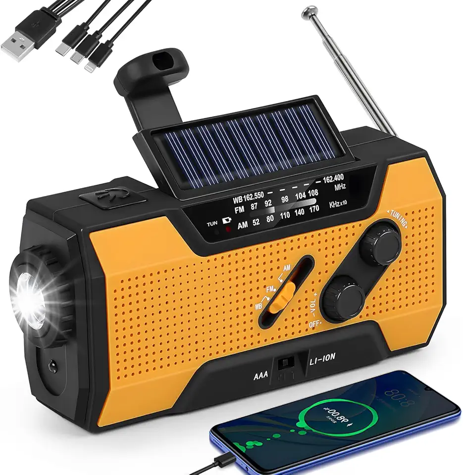 Rádio de Emergência com Manivela 2000 mAh, Rádio de Manivela Manual com Lanterna LED para Emergência, Portátil Amarelo AM/FM com Carregamento Solar, Manivela e USB, Alarme SOS