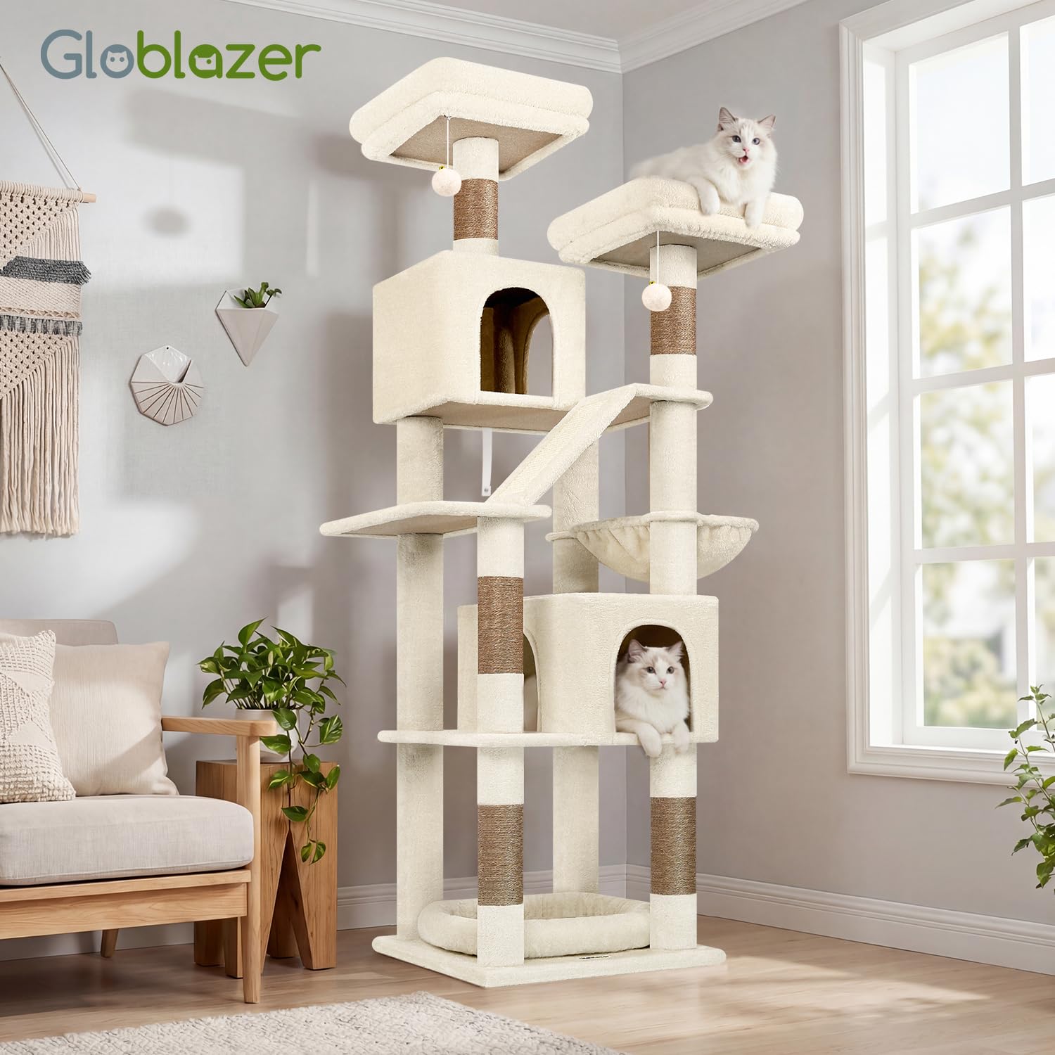 Globlazer Arbre a Chat Beige Grand Hauteur 189 cm avec 2 Niches, 2 Perchoirs rembourrés, Pente Sisal Peluche, Lit Amovible, Arbres à Chat Solide pour Chats Repos Jeu Escalade Intérieur (F74D, Beige) | Arbre à chat avec 2 maisons pour chat, 2 perchoirs rem