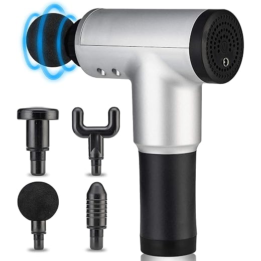 Pistola de massagem, massageador profissional de percussão de tecido profundo para alívio da dor, pistola de massagem muscular para atletas, pistola massageadora elétrica portátil para costas, 6 velocidades ajustáveis e 4 cabeças (prateado)