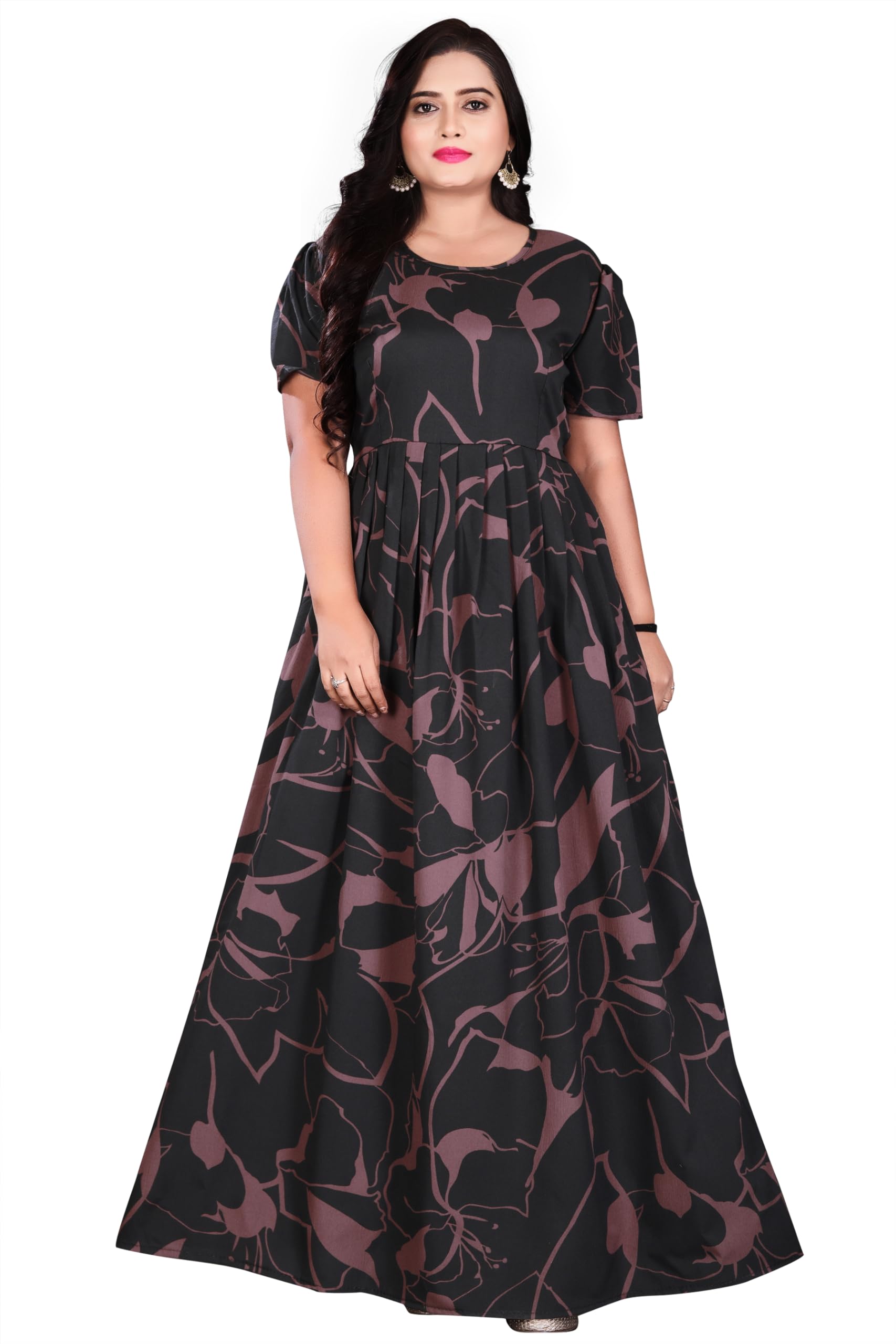 Women's Printed Poly Crepe Anarkali Dress | Fit & Flare Western One Piece Long Dress | Round Neck Short Sleeves | Comfortable Casual Wear Frock-image-13