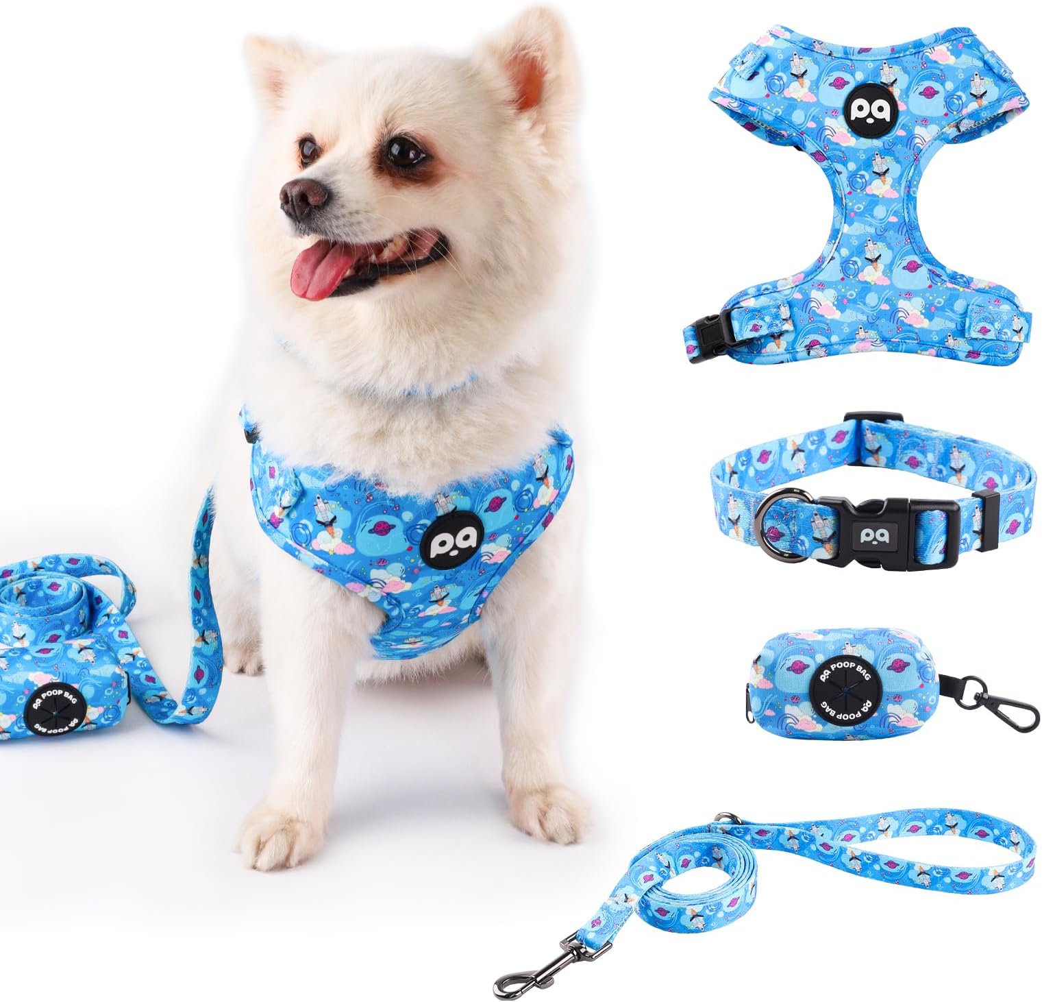 QQPETS Dog Harness Collar Leash with Poop Bag Holder 4 PCS