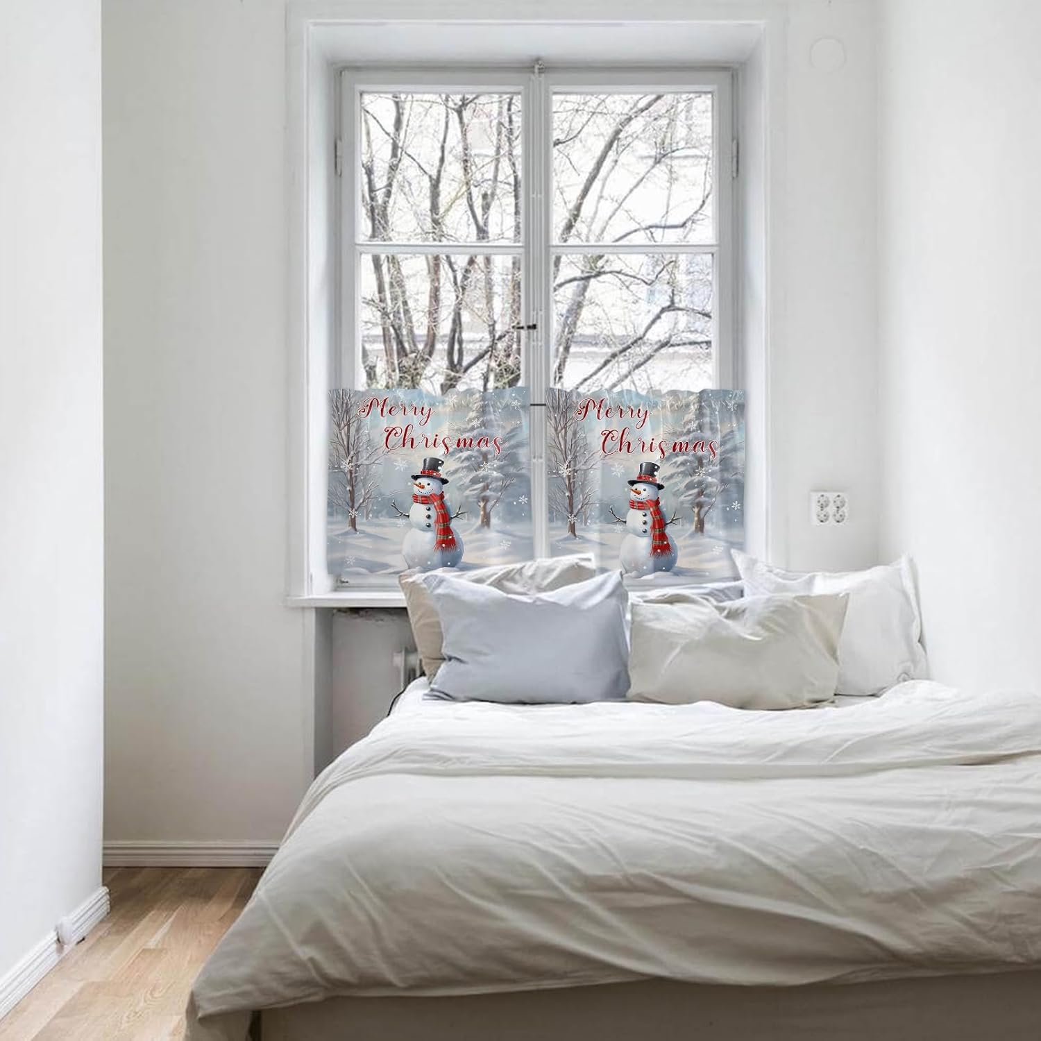 Forest Christmas Kitchen Curtain 24 Inch Length Small Short Cafe Tiers Curtains Drape, 2 Panel Window Treatment Rod Pocket Drapery Panels Curtains, Snowman Winter Snowflake 55x24
