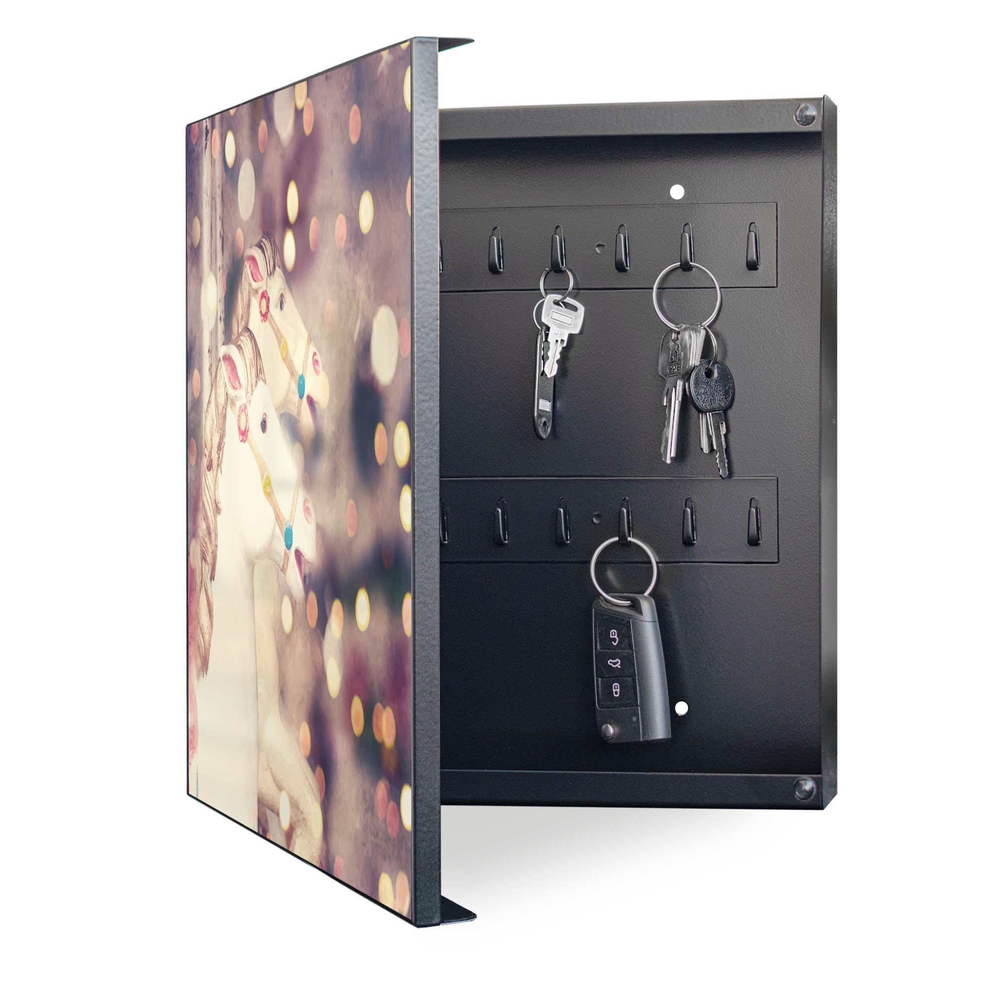 banjado Großer Schlüsselkasten Metall - Schlüsselbox 30x30cm beschreibbarer mit 32 Haken - Schlüsselkasten modern für Schlüsselaufbewahrung - Korpus Schwarz Scharnier Links - Motiv Kinderkarussell