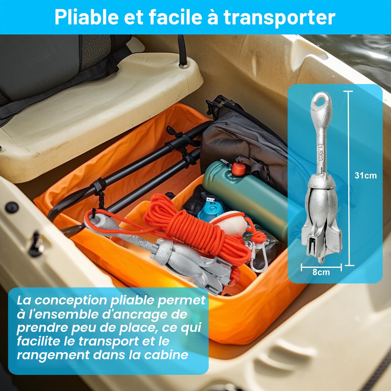 BeGrit Petite Ancre de Bateau kit Pliable Grappin Ancre en Acier Carbone pour canoë Jet Ski Sup & Paddle Board 1,5 Kilogram avec 10 m Ancre Corde de remorquage Sac de Transport