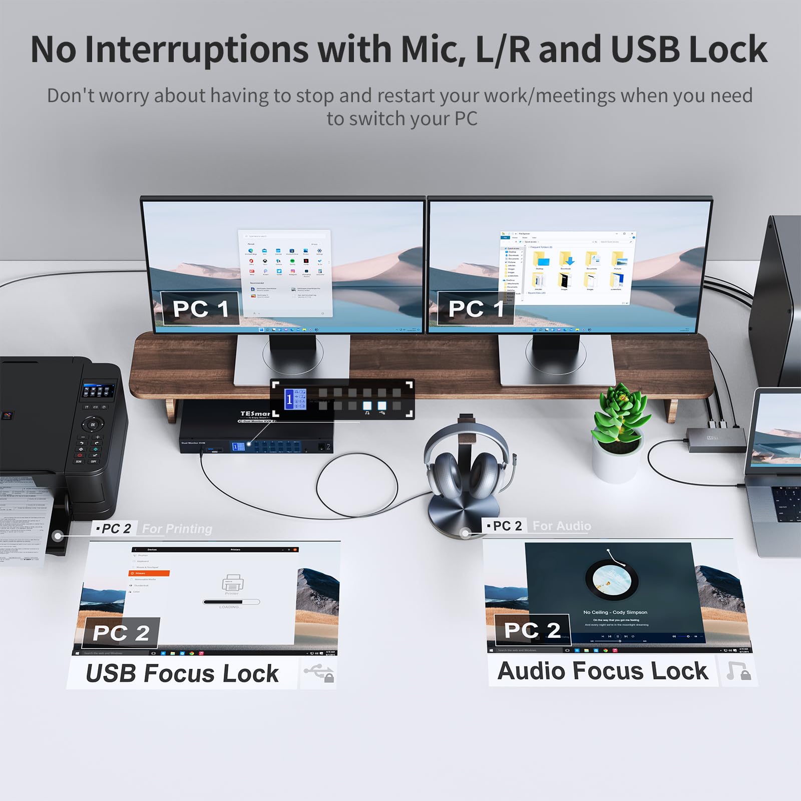 TESmart Conmutador KVM HDMI 2.0 para 4 PC y 2 Monitores,KVM Switch 4K a 60 Hz,Bloquear Audio/Micrófono USB 3.0 (BC 1.2 7,5 W), 4 Entradas y 2 Salidas,EDID, Teclado hotkey/Ratón/Botones/IR,PC Cables