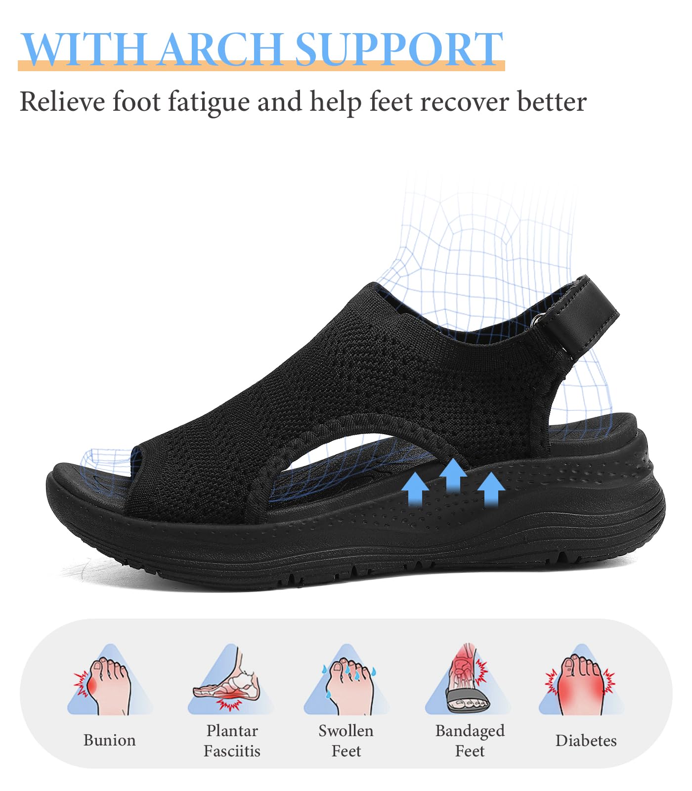 Orthopädische Damen-Sandalen mit Fußgewölbeunterstützung, offener Zehenbereich, verstellbarer Knöchelriemen