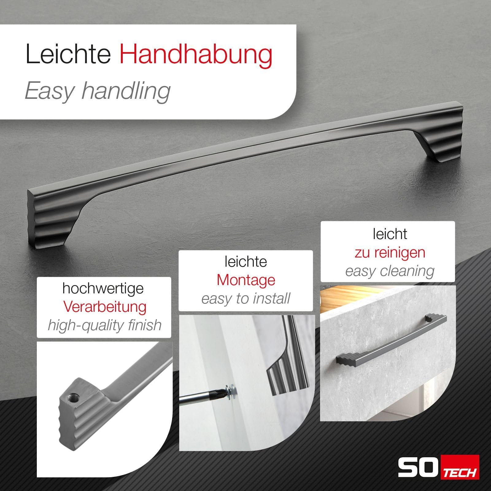SOTECH 45 Stück Möbelgriffe Bügelgriffe WING BA 192 mm anthrazit Schubladengriffe Schrankgriffe Schranktürgriffe