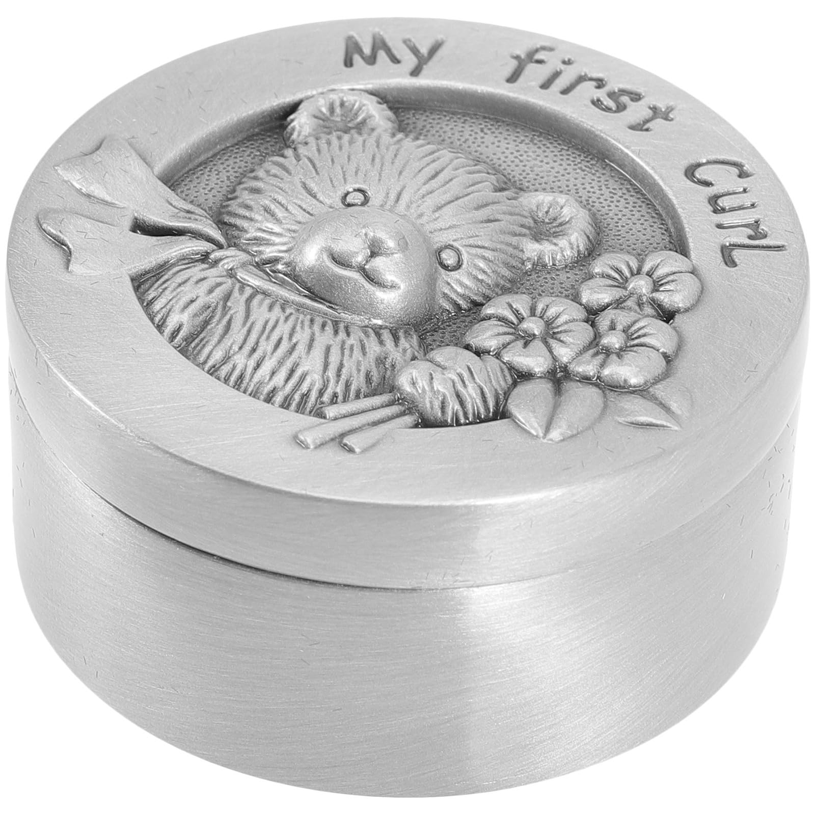 MERRYHAPY Silver Stainless Steel Round Hair Box with Smooth Surface and Cartoon Design, My First Curl Keepsake and Curl Keepsake Box for Holding Small Objects, Suitable, Includes