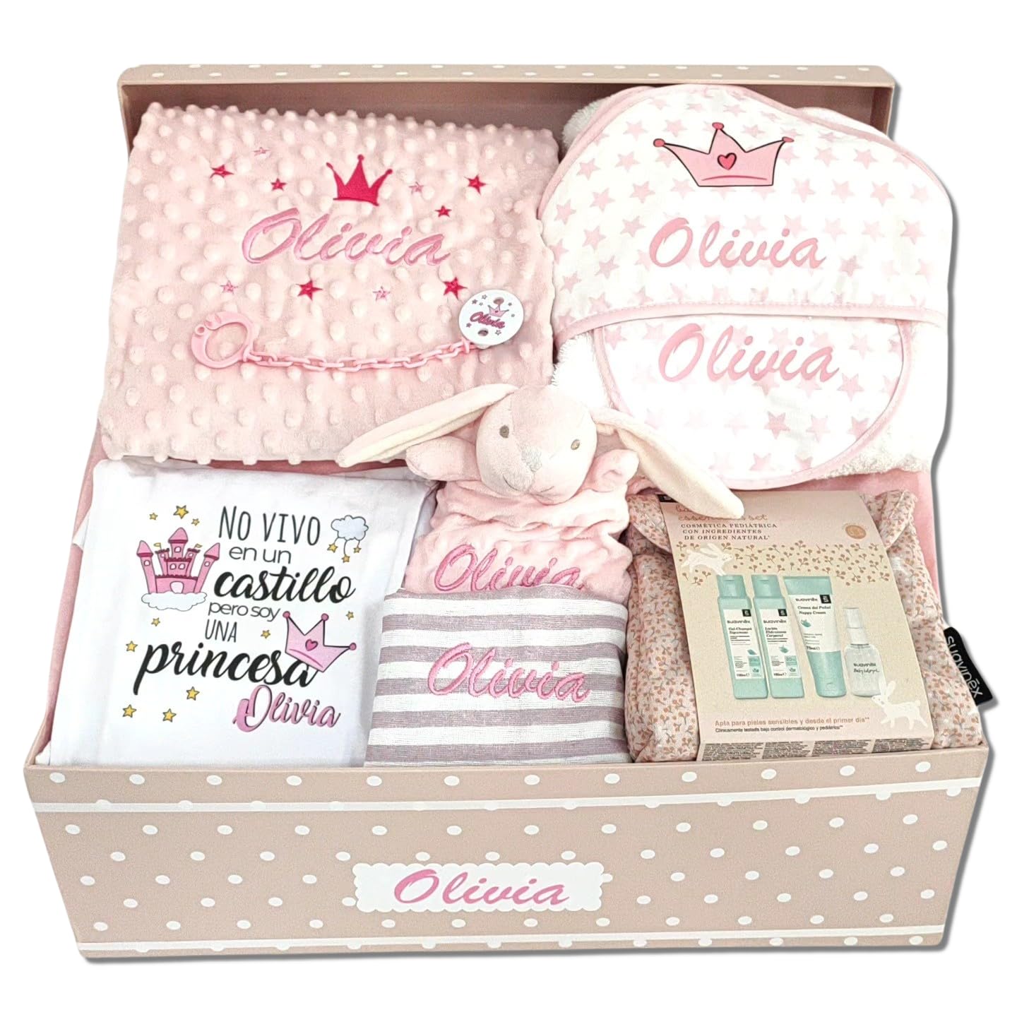 Canastilla personalizada bebé PRINCESA Mod. 1 - Regalos para recién nacido - Regalos baby shower - Cestas para bebés - Regalos personalizados - TARTAS DE PAÑALES Y MÁS