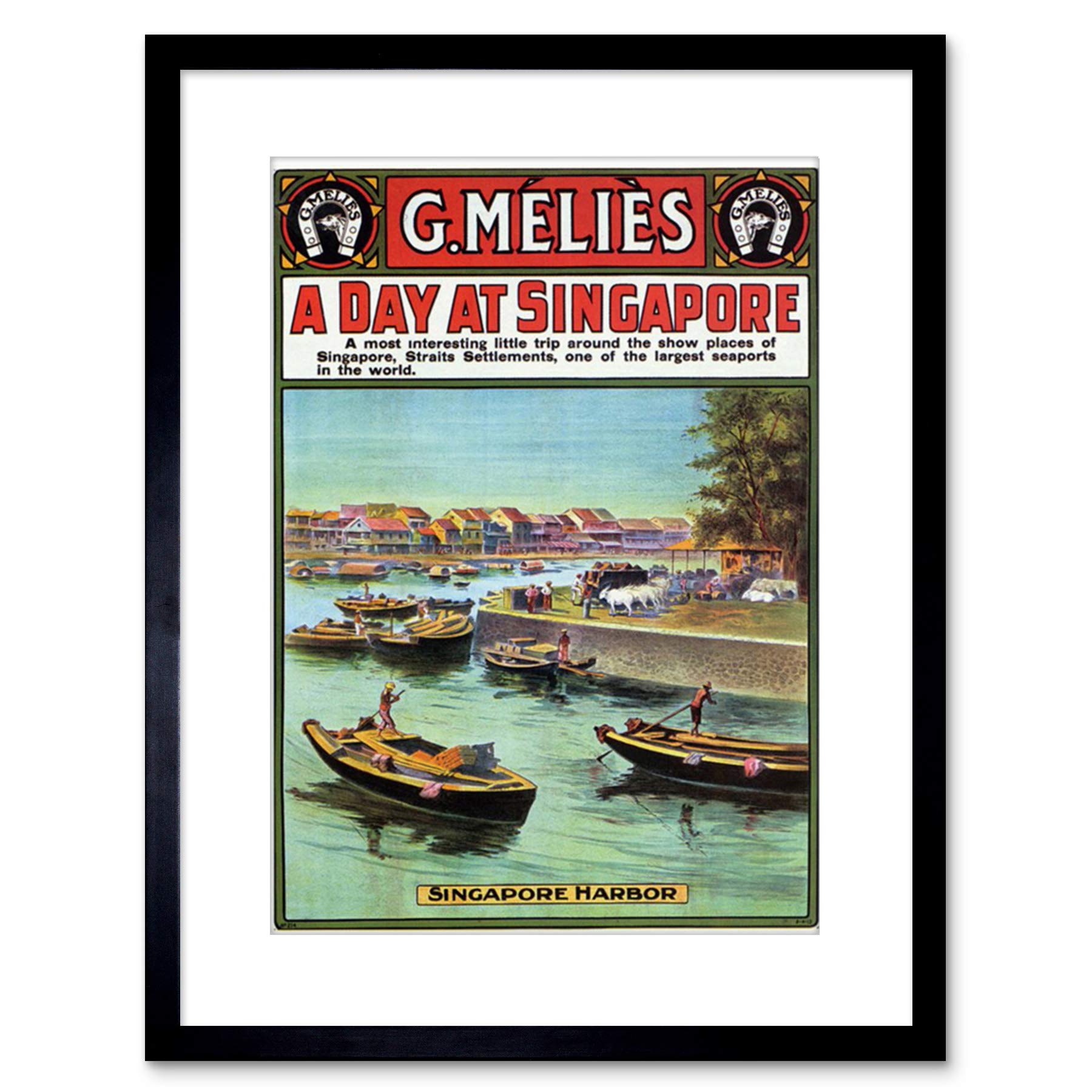 Wee Blue Coo 9x7 '' TRAVEL MELIES SINGAPORE HARBOUR BOAT VINTAGE AD FRAMED ART PRINT F97X1402