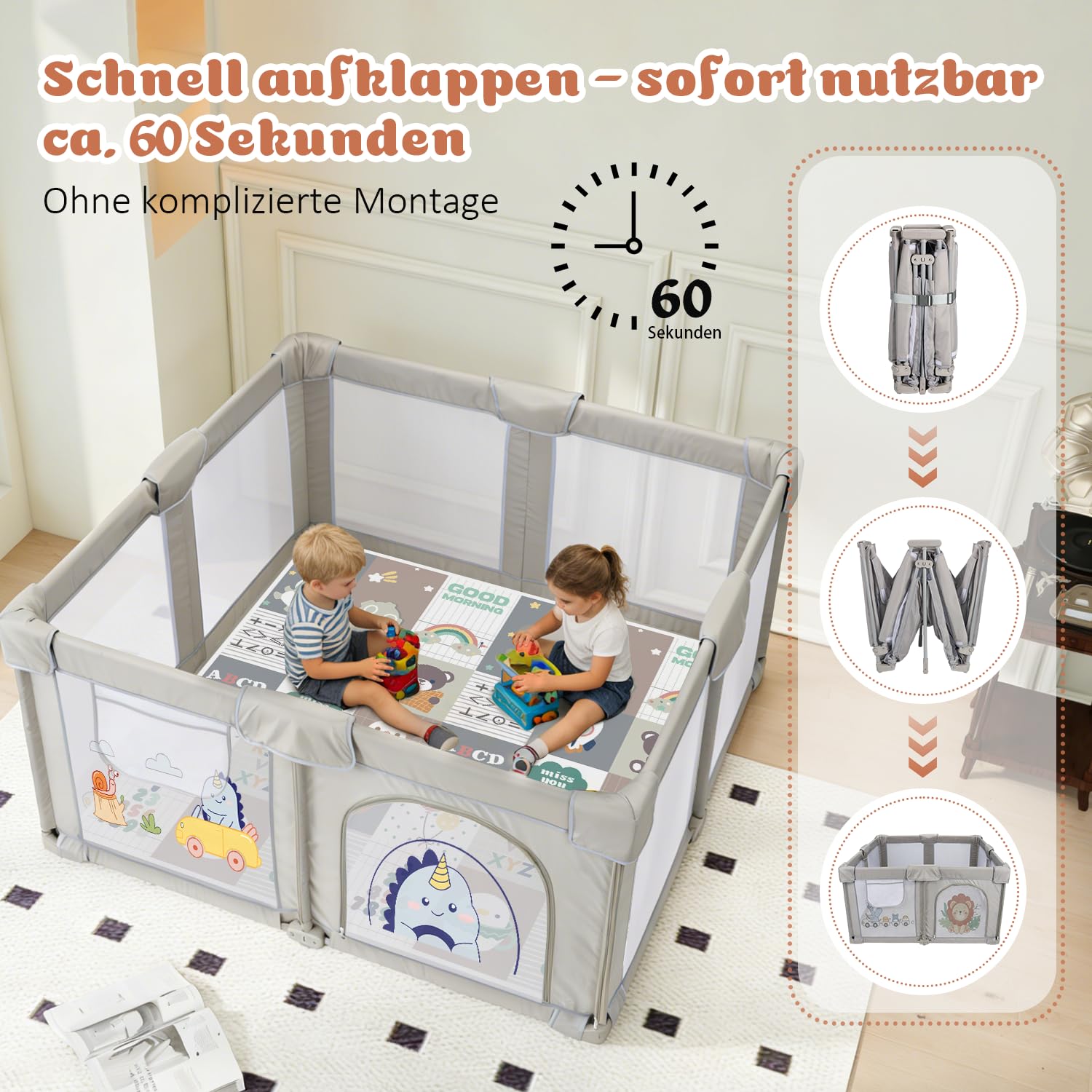 Laufstall Baby Faltbar 150x150 mit Matratze, Tragbarer Laufgitter Baby aus 300D Oxford-Gewebe, 360° Atmungsaktives Netz & Rutschfestem Boden, Sicherer Babyspielplatz für Drinnen & Draußen - 3