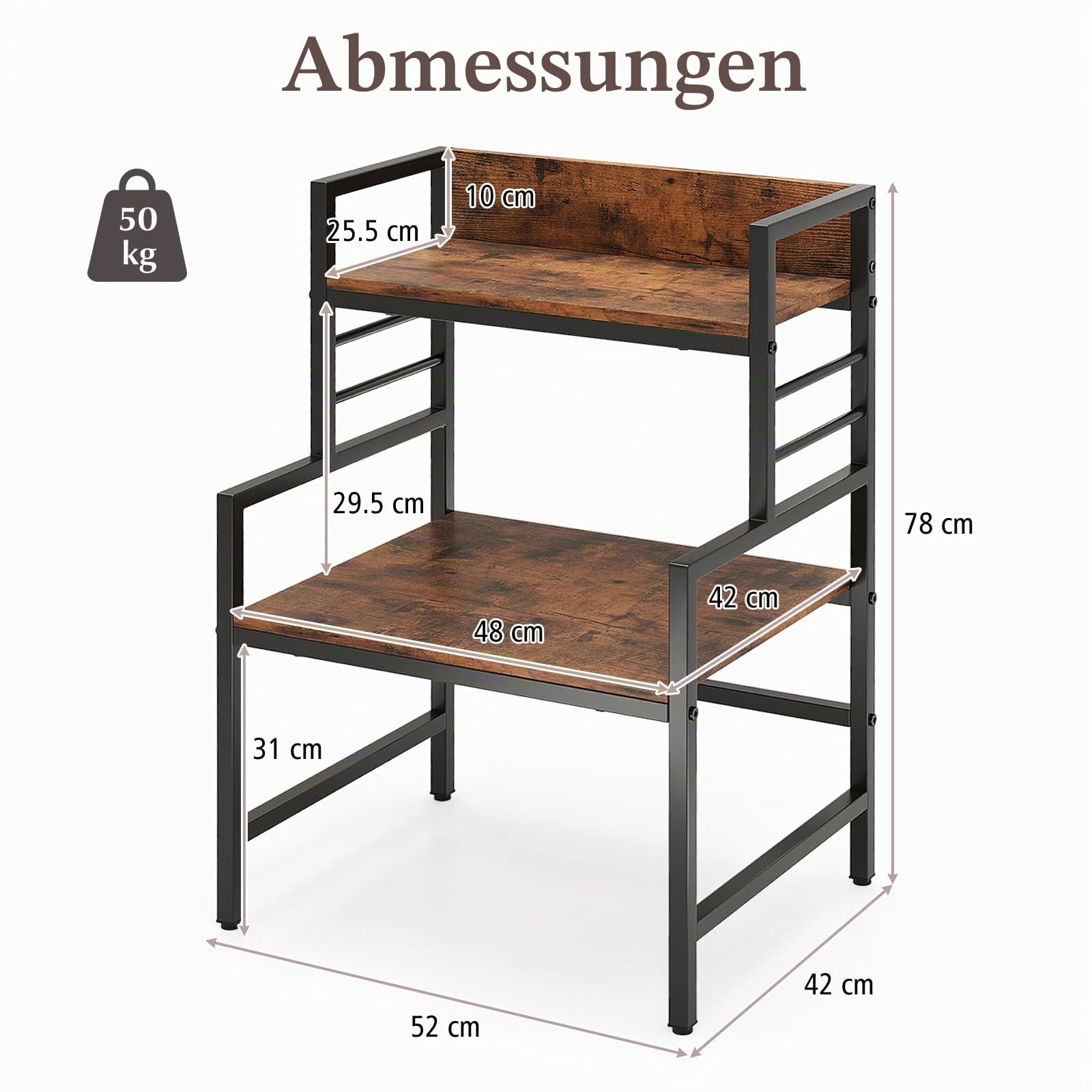 KOMFOTTEU Mikrowellenregal 52x42x78 cm, Küchenregal Mikrowellenhalterung mit verstellbaren Füßen & 2 Kippschutz, platzsparendes Bäckerregal für Töpfe, Pfannen, Teller und Schüsseln, Braun