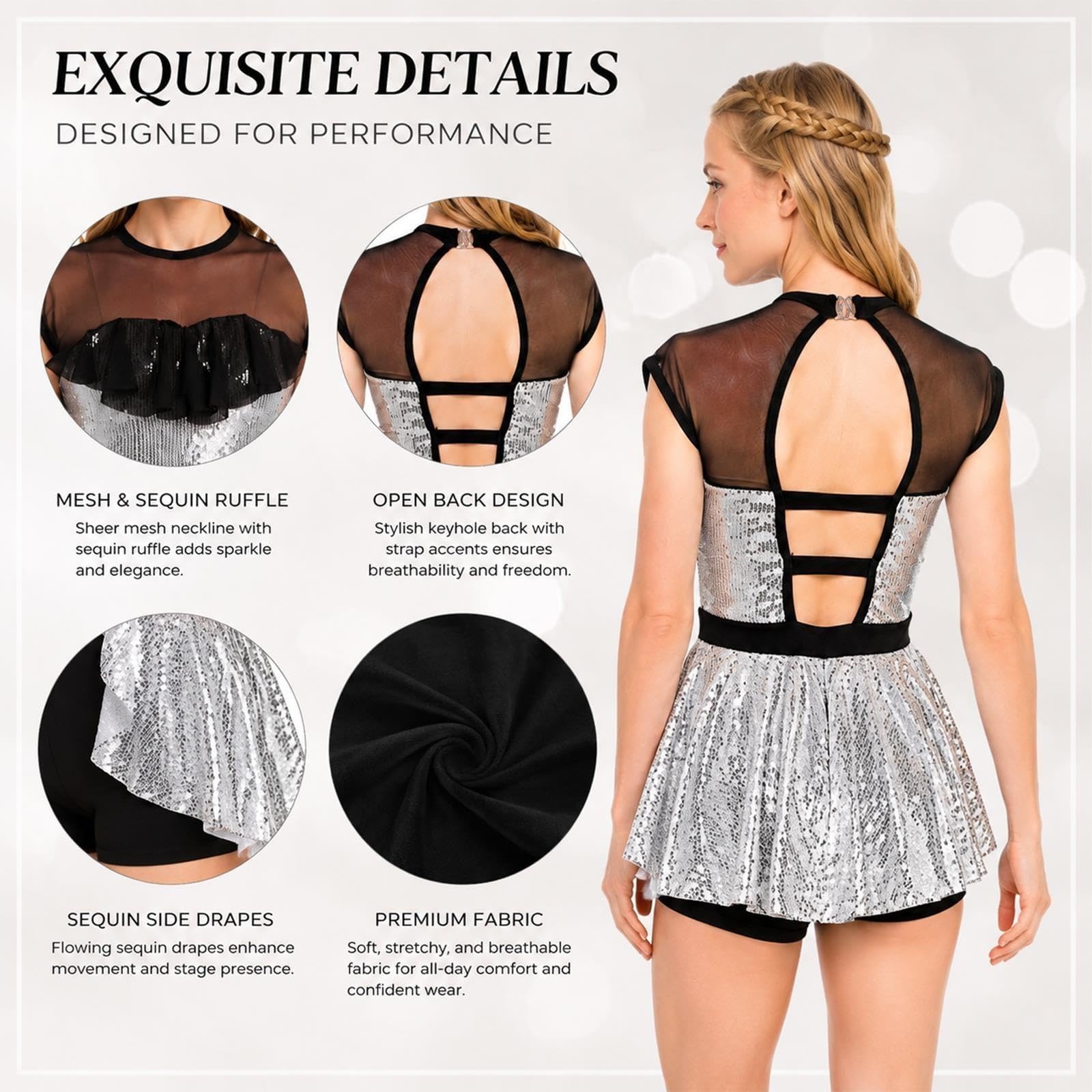 Costume danza contemporanea con paillettes, volant e shorts