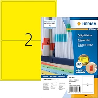 HERMA 4565 Etiquetas de color amarillo, 100 hojas, 199,6 x 143,5 mm, 2 hojas por A4, 200 unidades, autoadhesivas, imprimibles, mate, papel en blanco