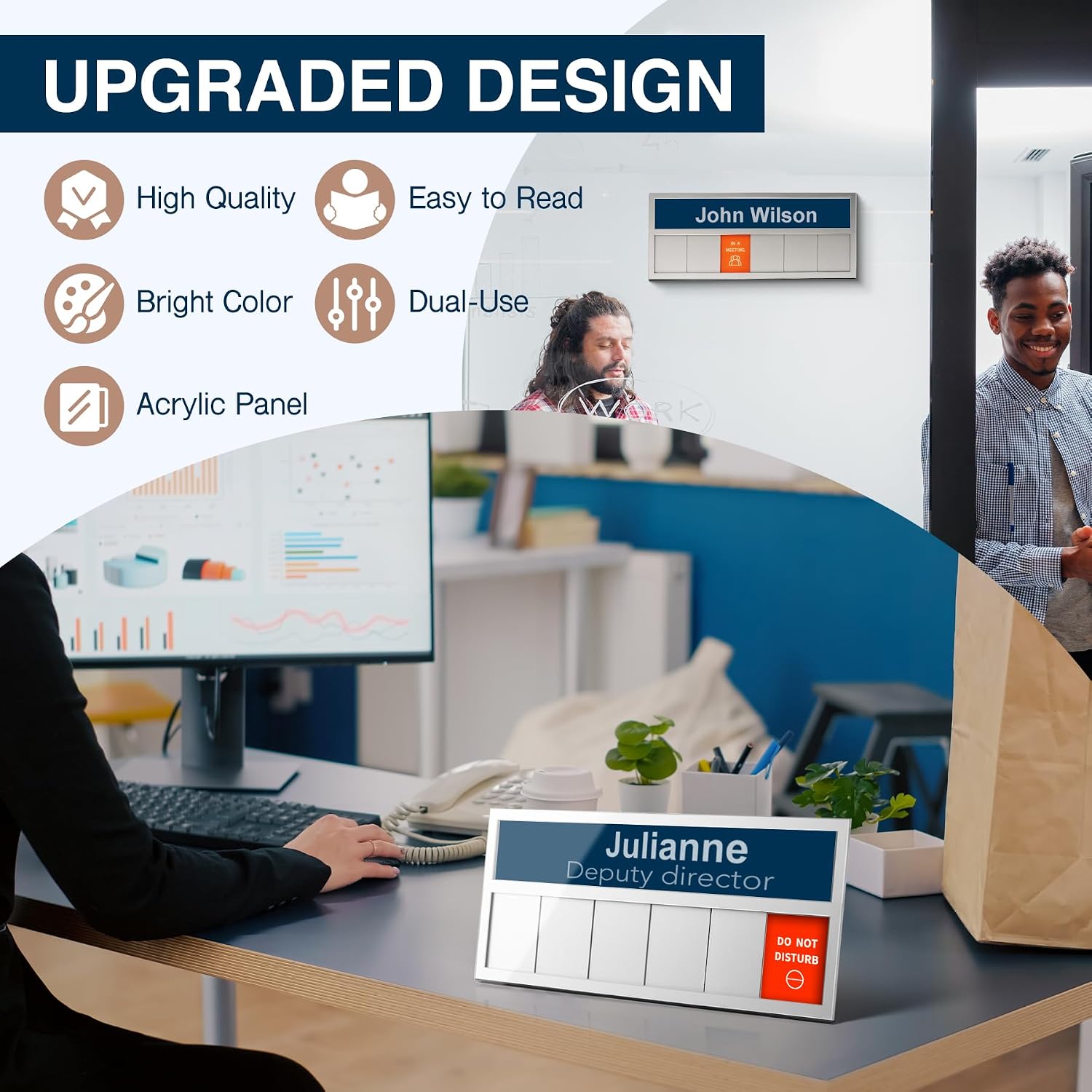 Name Plate for Desk& Office Door Sign, 6 Options Do Not Disturb, In A Meeting, Out of Office, Working Remotely, Please Knock, Stick or Stand with Desk Name Plate, Brushed silver