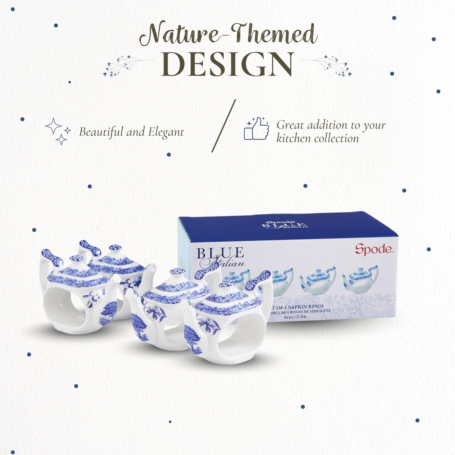 Spode Blue Italian Napkin Rings - Set of 4, Teapot Shaped Blue & White Table Accents for Dining Room Decor - Decorative Napkin Holders for Tableware & Seasonal Place Settings