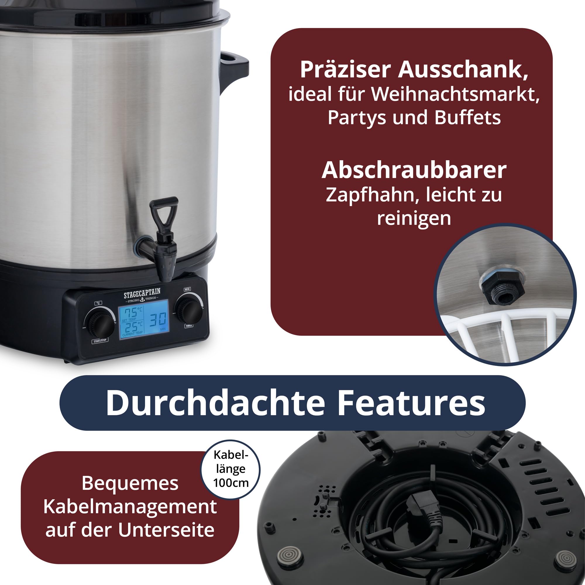 Stagecaptain GWK-27D Glühweinkocher - Digitaler Einkochautomat mit 27 Liter - LCD-Anzeige - 2000 Watt - Edelstahl - Einfache Bedienung (Temperatur und Zeitschaltuhr) - Abschaltautomatik - Silber