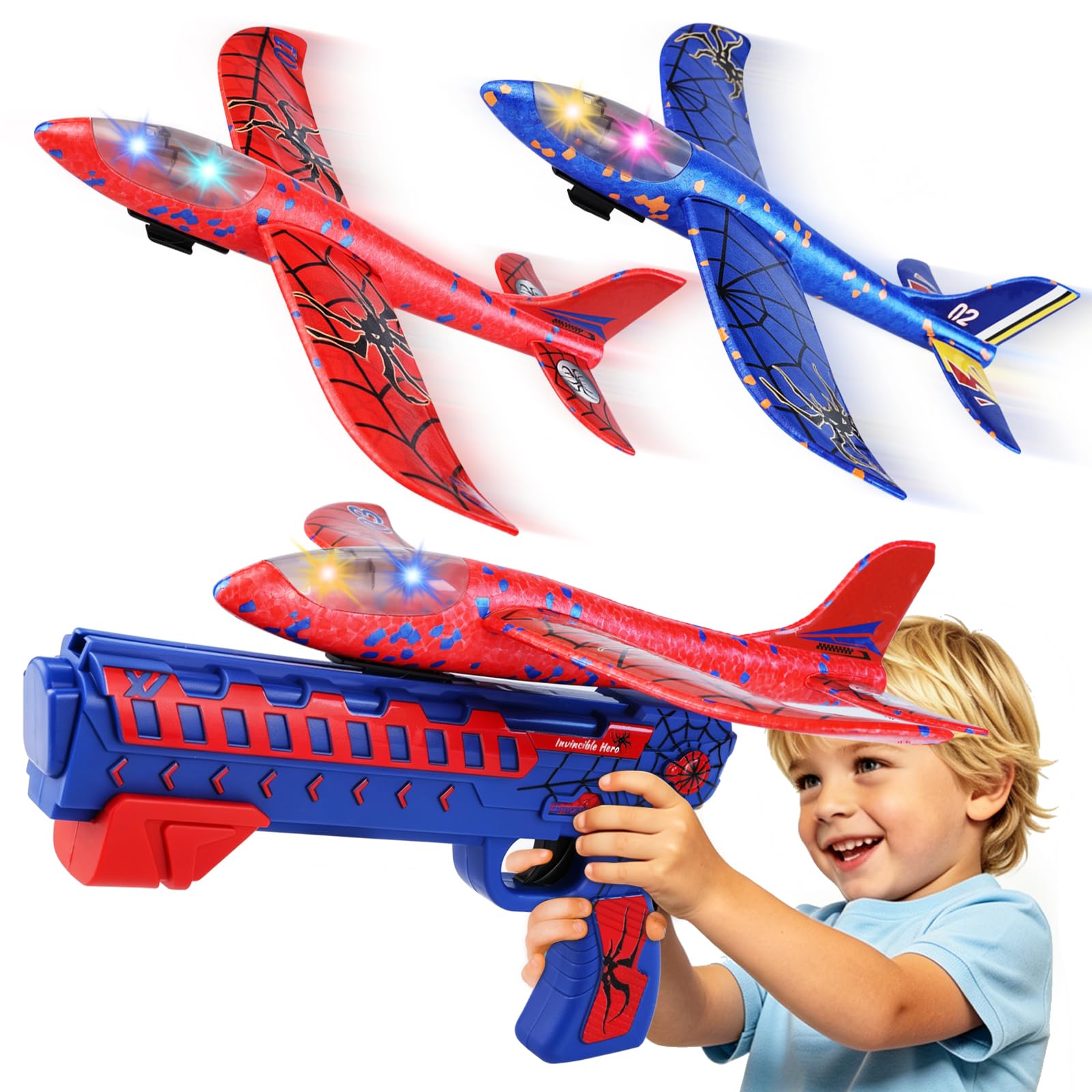3 Pack Foam Airplane Launcher Toys, 2 Flight Modes, Airplane Gliders for Kids, Outdoor Flying Toy, Birthday Gifts for or 3 4 5 6 7 8-12 Years Old, Party Supplies(Blue)