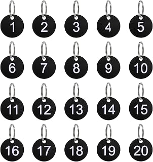 sourcing map Etiquetas de números del 1 al 20, 20 etiquetas redondas de 35 mm, llaveros numerados de plástico para llaves de dormitorio, casilleros de casa, color negro