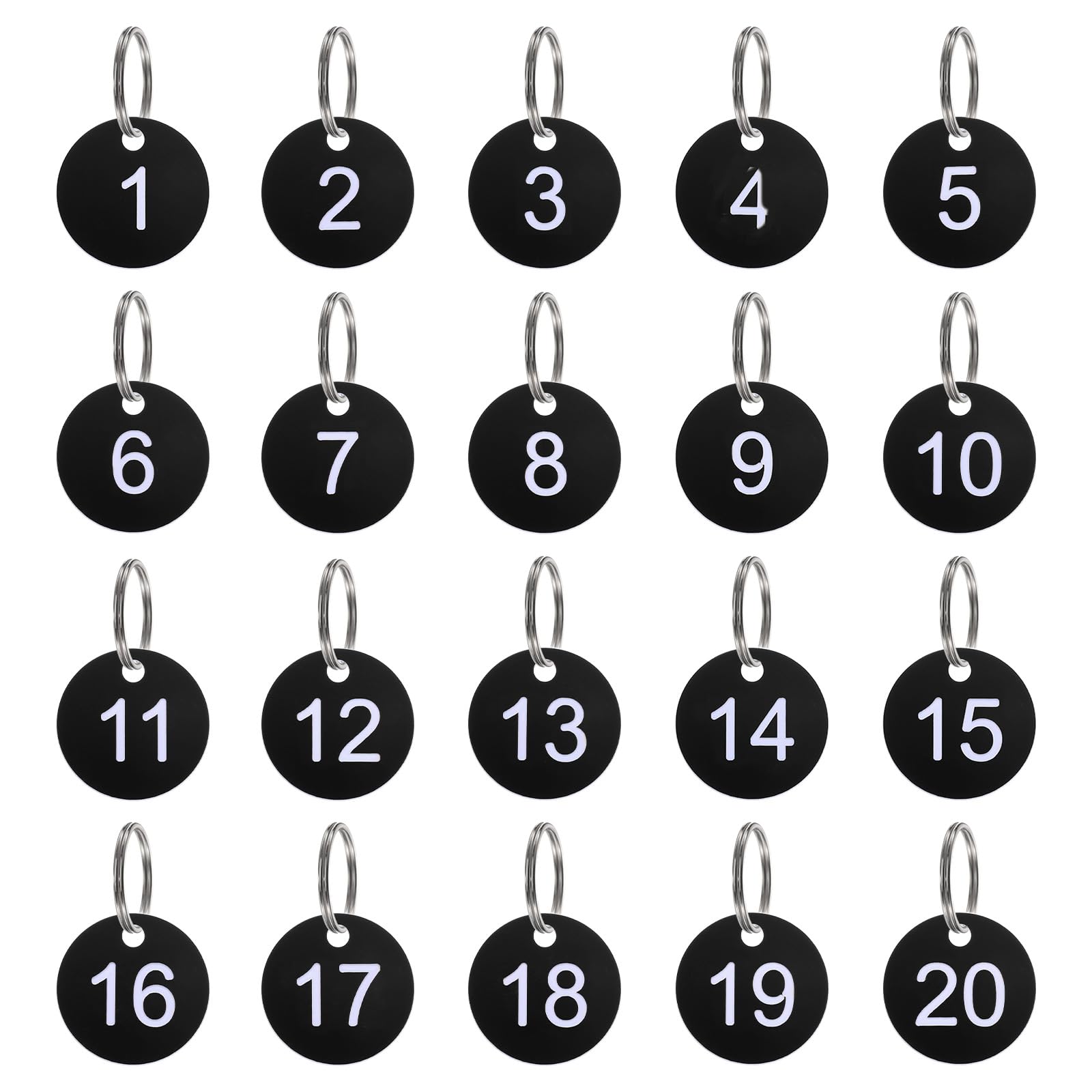sourcing map Targhette con numero da 1 a 20, 20 pezzi, 35 mm, rotonde, in plastica, con numero identificativo, portachiavi numerato, per chiavi del dormitorio, armadietti di casa, colore nero