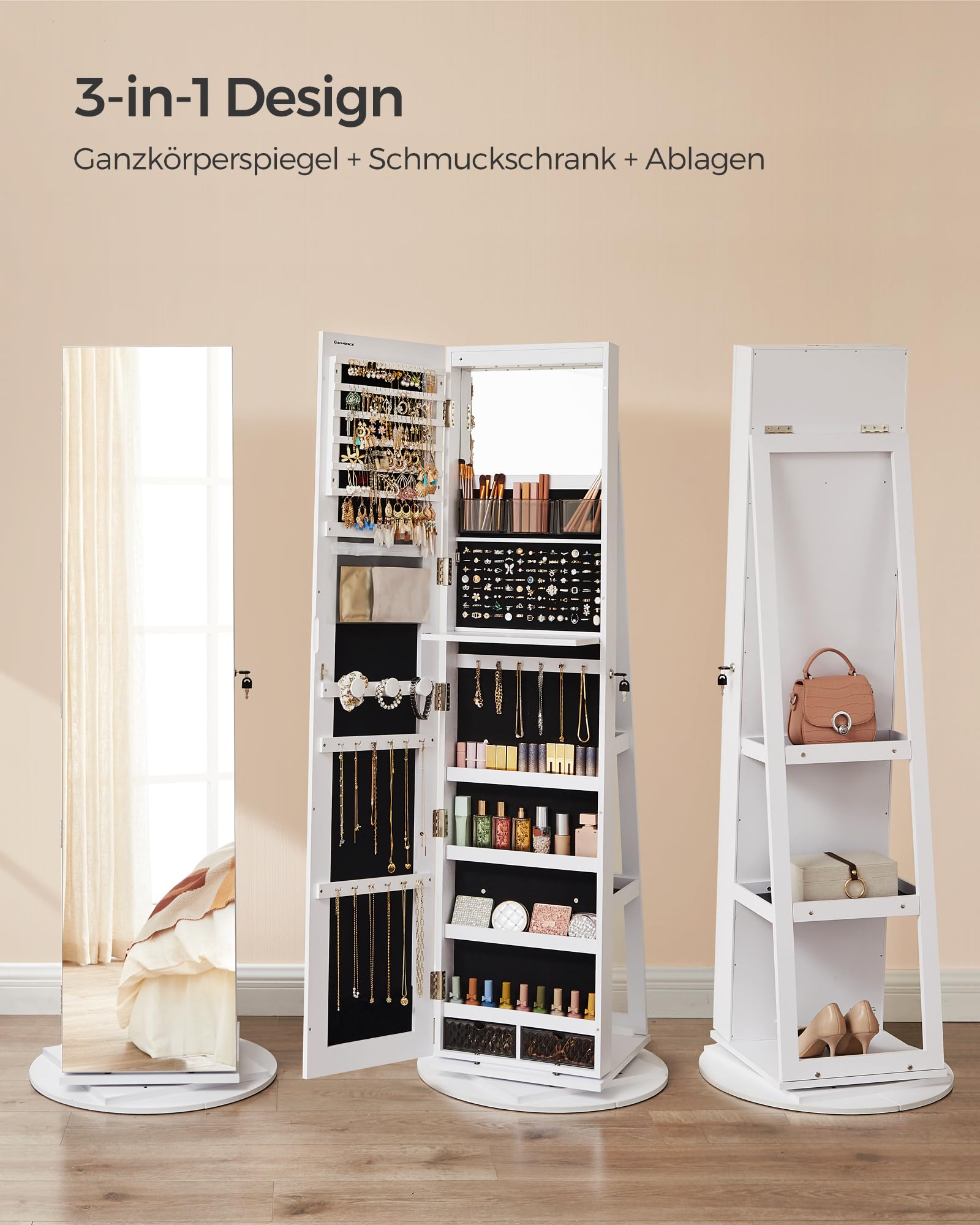 SONGMICS Schmuckschrank, Spiegelschrank, mit rahmenlosem Ganzkörperspiegel, 3 Ablagen, 360° drehbar, abschließbar, Oberfläche in Weiß, Innenfutter in Schwarz JJC007W01