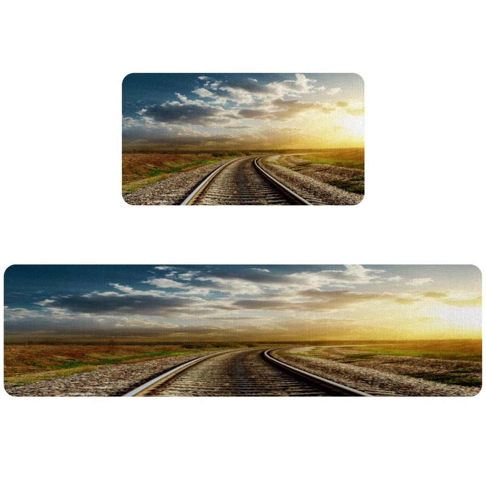 Tapis de cuisine antidérapants lavables | Lot de 2 design traintrack soleil et montagne