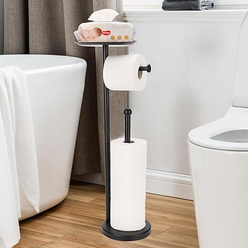 Sfemn Soporte de papel higiénico negro, soporte de papel higiénico independiente con estante para artículos pequeños, soporte de papel higiénico con