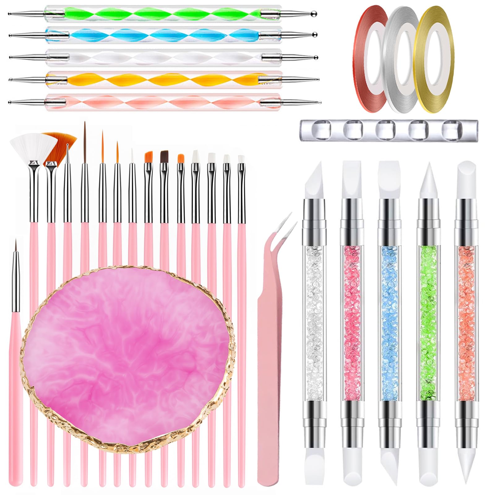 Nail Art Tools Set Nail Art Brushes with Nail Art Palette Nail Dotting Tools Dual Tipped Silicone Nail