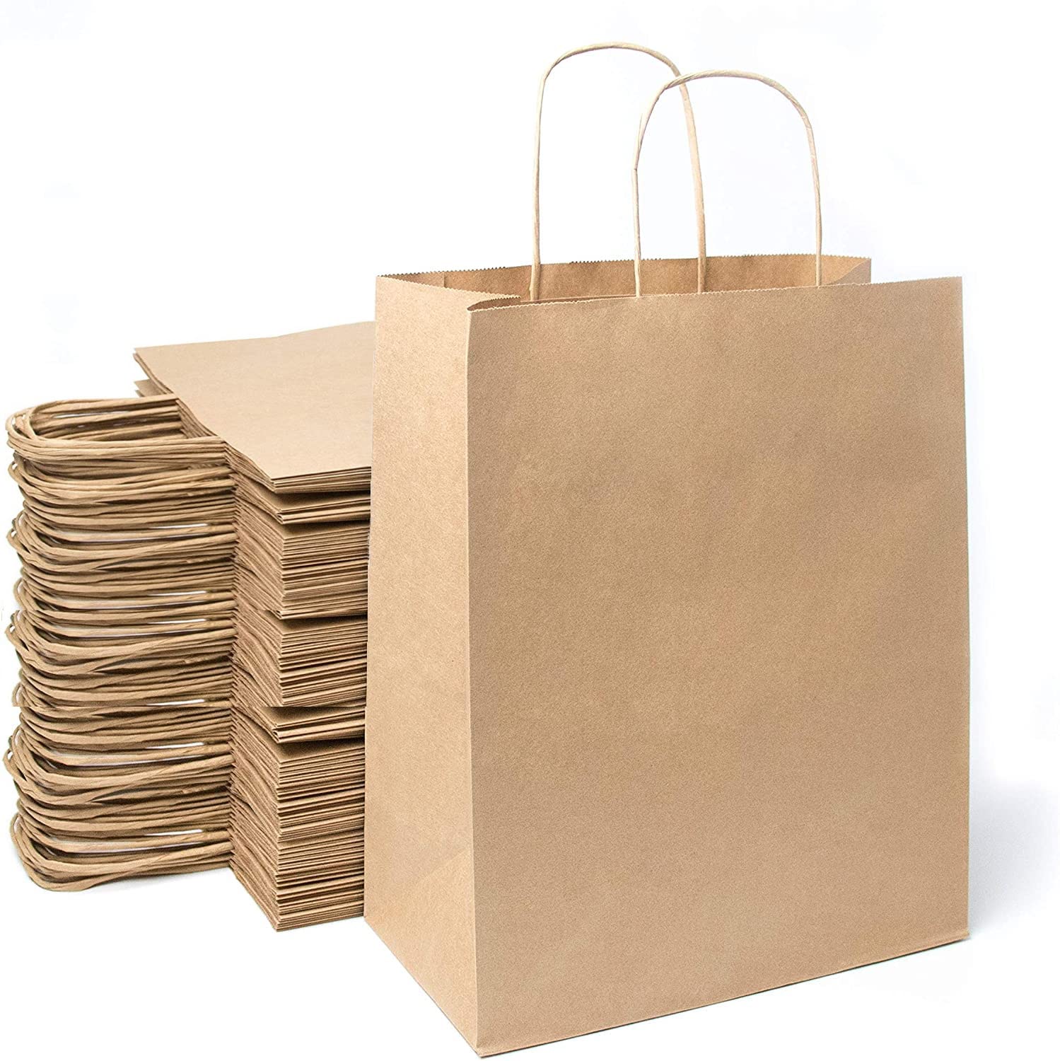 Lot de 100 Sacs Cabas Marrons en Papier Kraft avec Poignées -26 x 14 x 32 cm Sac de Courses/Emballage Cadeau pour Anniversaire, Noël, Mariage